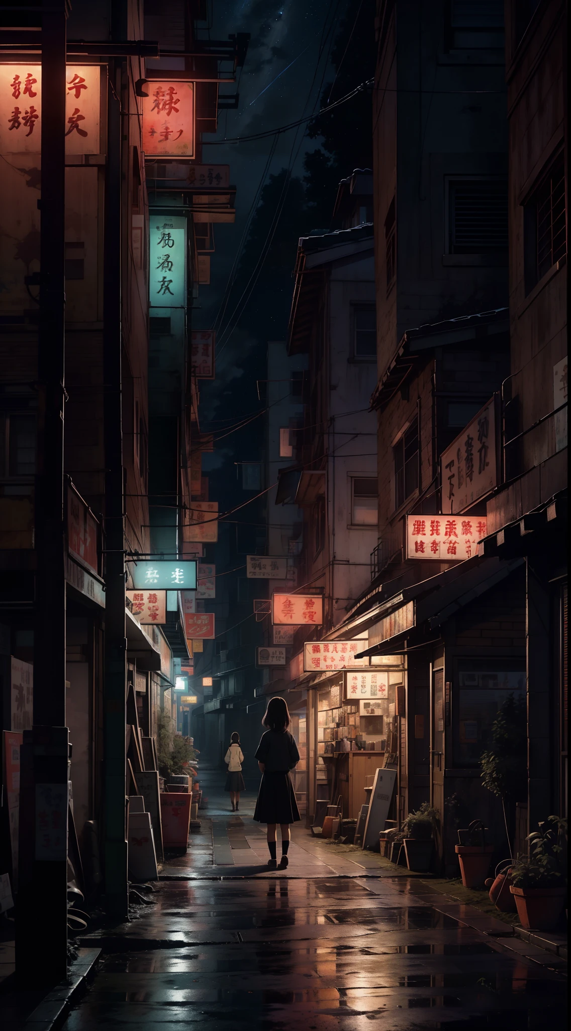 Ein nostalgisches digitales Gemälde, inspiriert von der bezaubernden Welt von Studio Ghibli. Das Kunstwerk zeigt eine charmante, Kleinstadtstraße bei Nacht, ein Gefühl der Ruhe und des Staunens ausstrahlend. Die Bühne ist bereit für einen filmischen Moment, erinnert an eine Szene aus einem Ghibli-Film. In der Zusammensetzung, ein einsames Mädchen der Mittelschule steht in Gedanken versunken, mit dem Rücken zum Betrachter, einen Hauch von Melancholie ausstrahlend. Die Welt um sie herum ist wunderschön detailliert, die Essenz einer nostalgischen Atmosphäre einfangen. Der Himmel darüber ist mit einem atemberaubenden Sternenhimmel geschmückt, weckt ein Gefühl wehmütiger Erinnerung, das bei Zuschauern aller Altersgruppen Anklang findet.