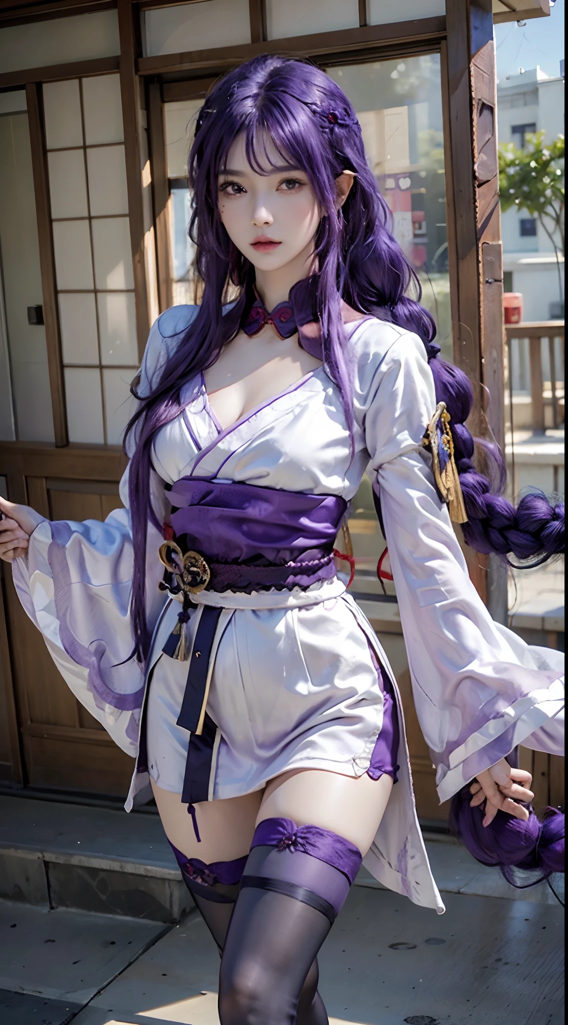 photorealistic, high resolution, 1women, solo, hips up, look at viewer, (detailed face), (blunt bangs, braid, wide sleeves, hair ornament, japanese clothes, red obi, (purple hair:1.2), very long hair, straight hair,black thighhighs, smooth