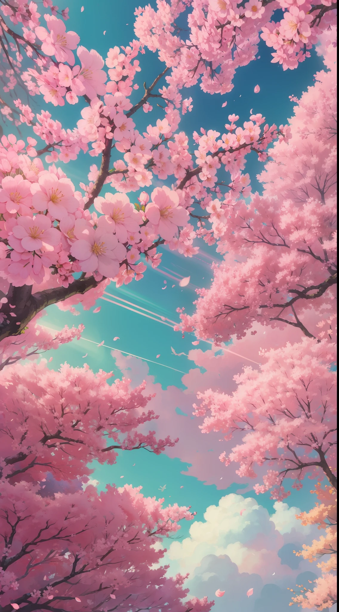 Много розовых деревьев, большое небо, белые облака , лепестки , цветет, эстетическое безмятежное блаженство, рассеянный свет, божественные лучи, Хроматическая аберрация, каустика