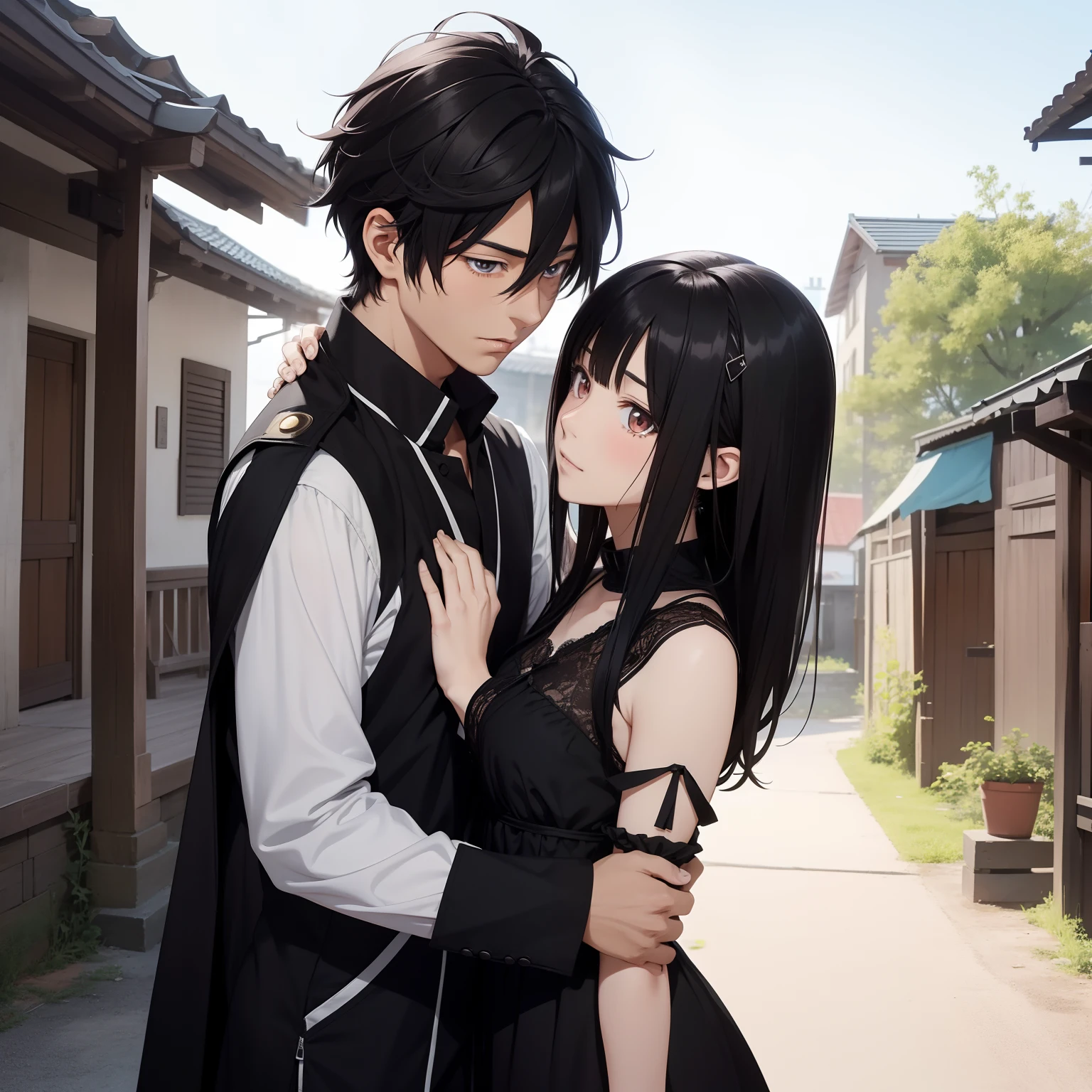 Anime couple in black and white clothes hugging each other - SeaArt AI