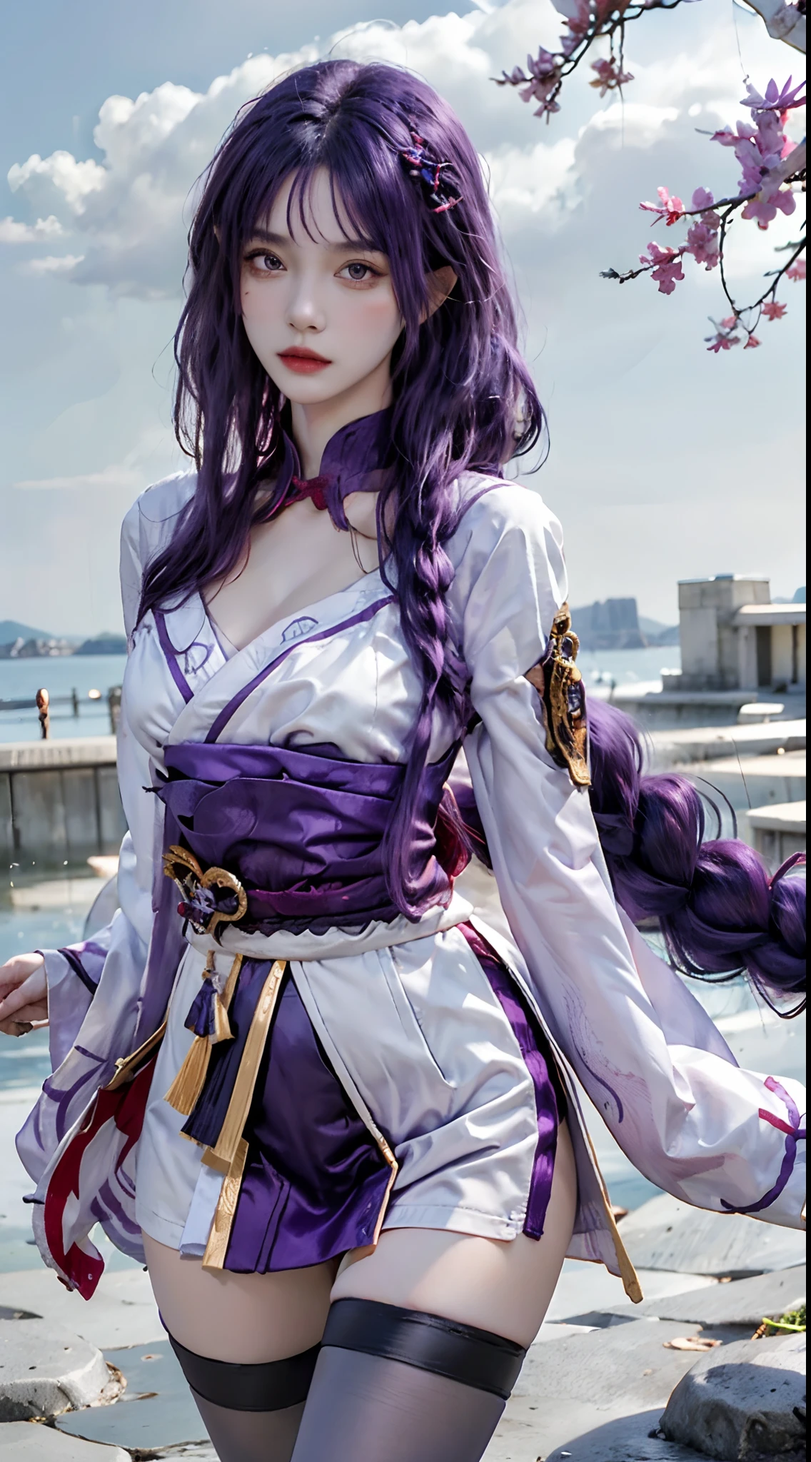 photorealistic, high resolution, 1women, solo, hips up, look at viewer, (detailed face), (blunt bangs, braid, wide sleeves, hair ornament, japanese clothes, red obi, (purple hair:1.2), very long hair, straight hair,black thighhighs, smooth