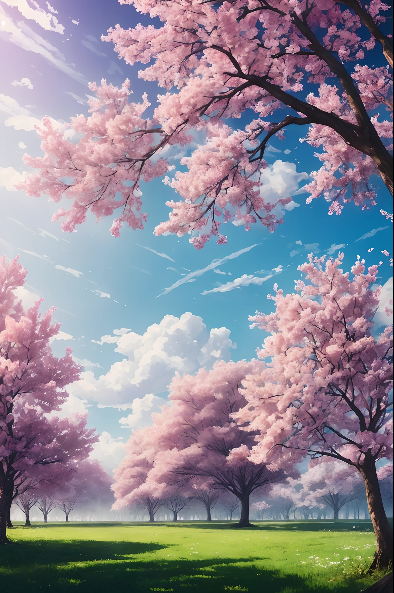 有很多粉紅色的樹, 廣闊的天空, 白雲 , 花瓣 , 開花, 美感寧靜幸福, 漫射光, 上帝射线, 色差, 焦散, 高光散射,傑作, 最好的品質, 高品質, 非常詳細 CG unity 8k wallpaper, 開花的風景, 散景, 景深, 高動態範圍, 盛開, 色差 ,逼真的,非常詳細, ArtStation 上的熱門話題, cgsocial 的趨勢, 錯綜複雜, 高細節, 戲劇性, midjourney 的艺术作品