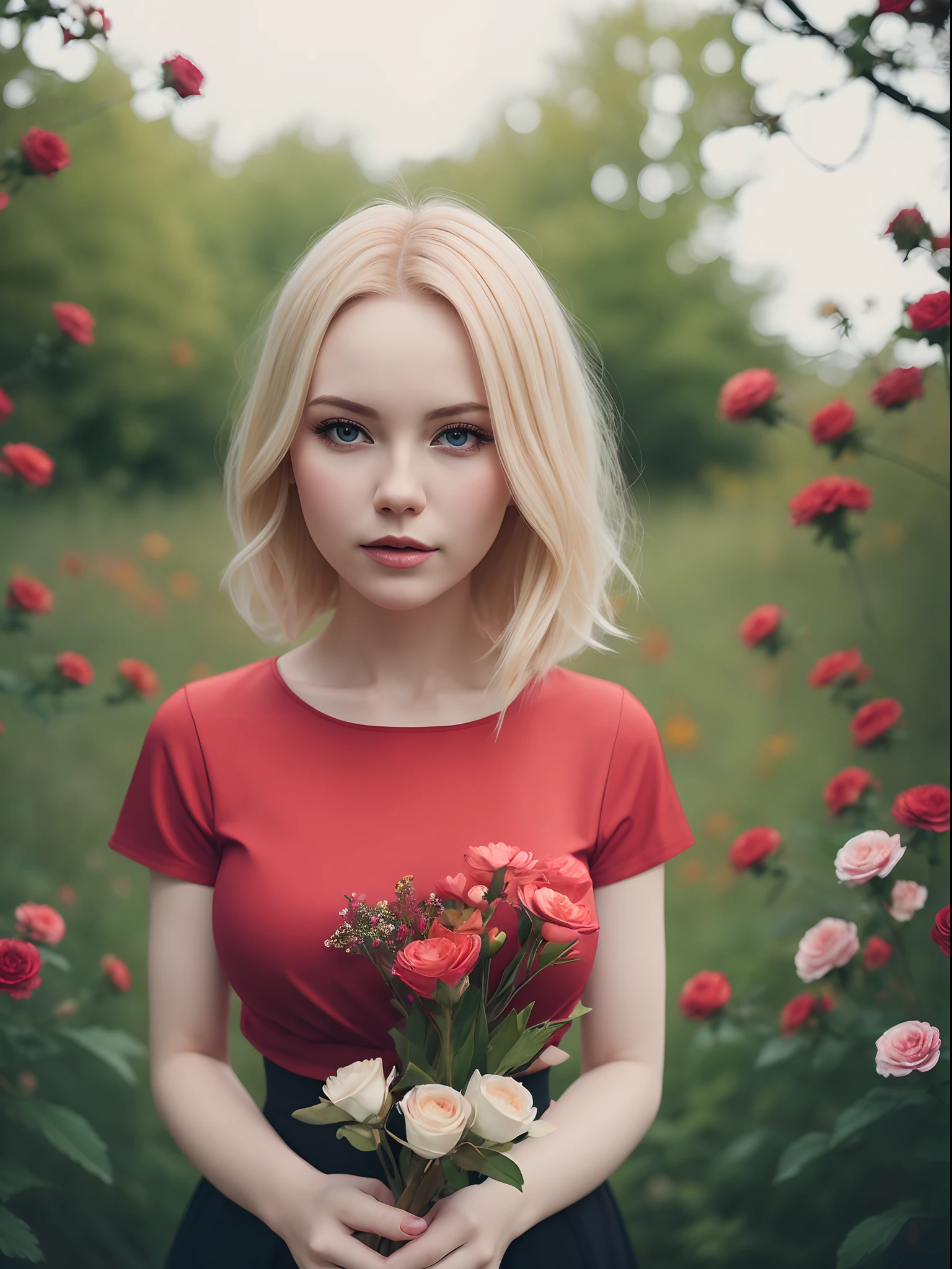 por oprisco, obra maestra, Retrato, mujer rubia, top deportivo rojo, pechos grandes, sobre la naturaleza, flores, viñeteado oscuro, 4k, alta calidad,