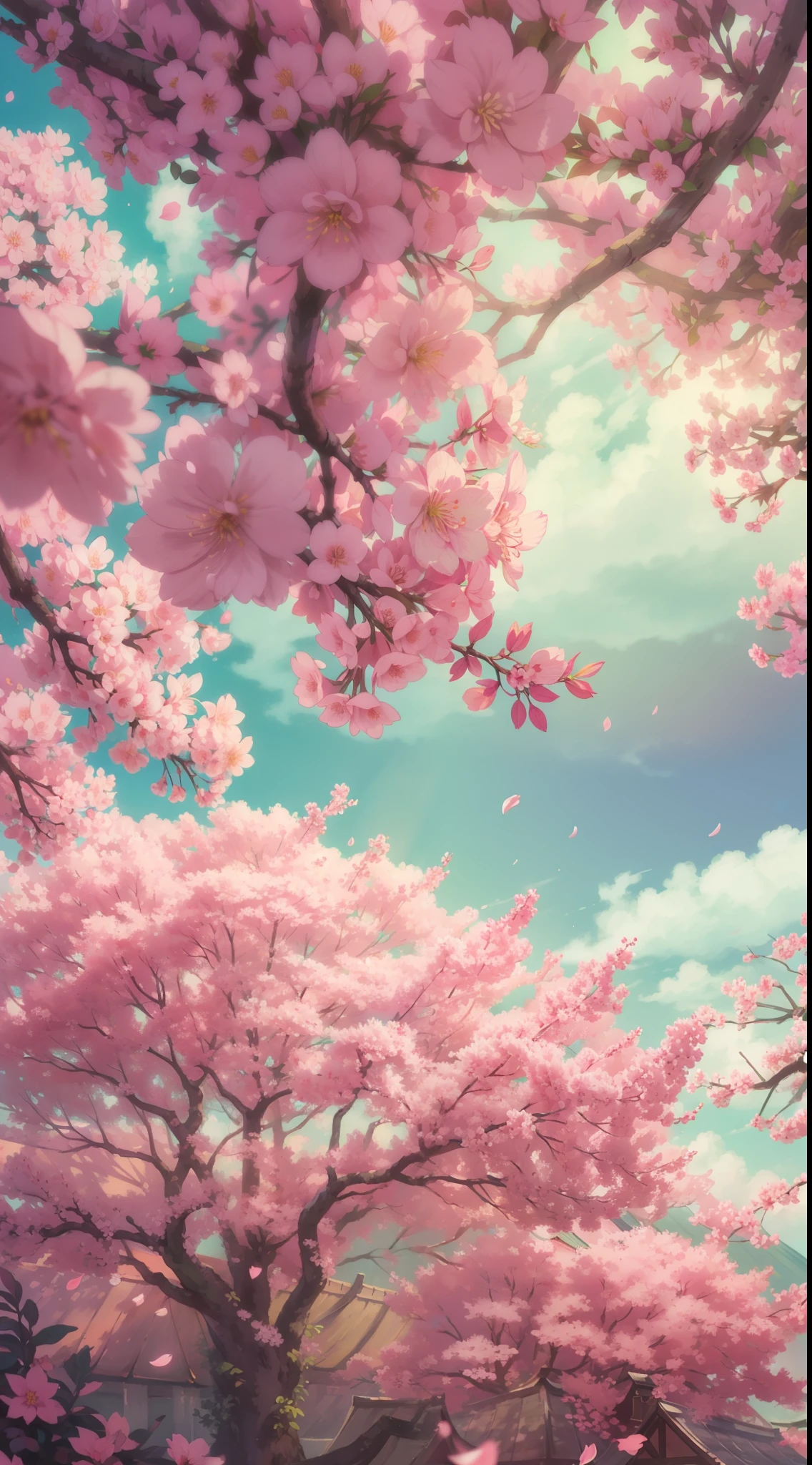 Много розовых деревьев, большое небо, белые облака , лепестки , цветет, эстетическое безмятежное блаженство, рассеянный свет, божественные лучи, Хроматическая аберрация, каустика, боке, глубина резкости, HDR, цвести