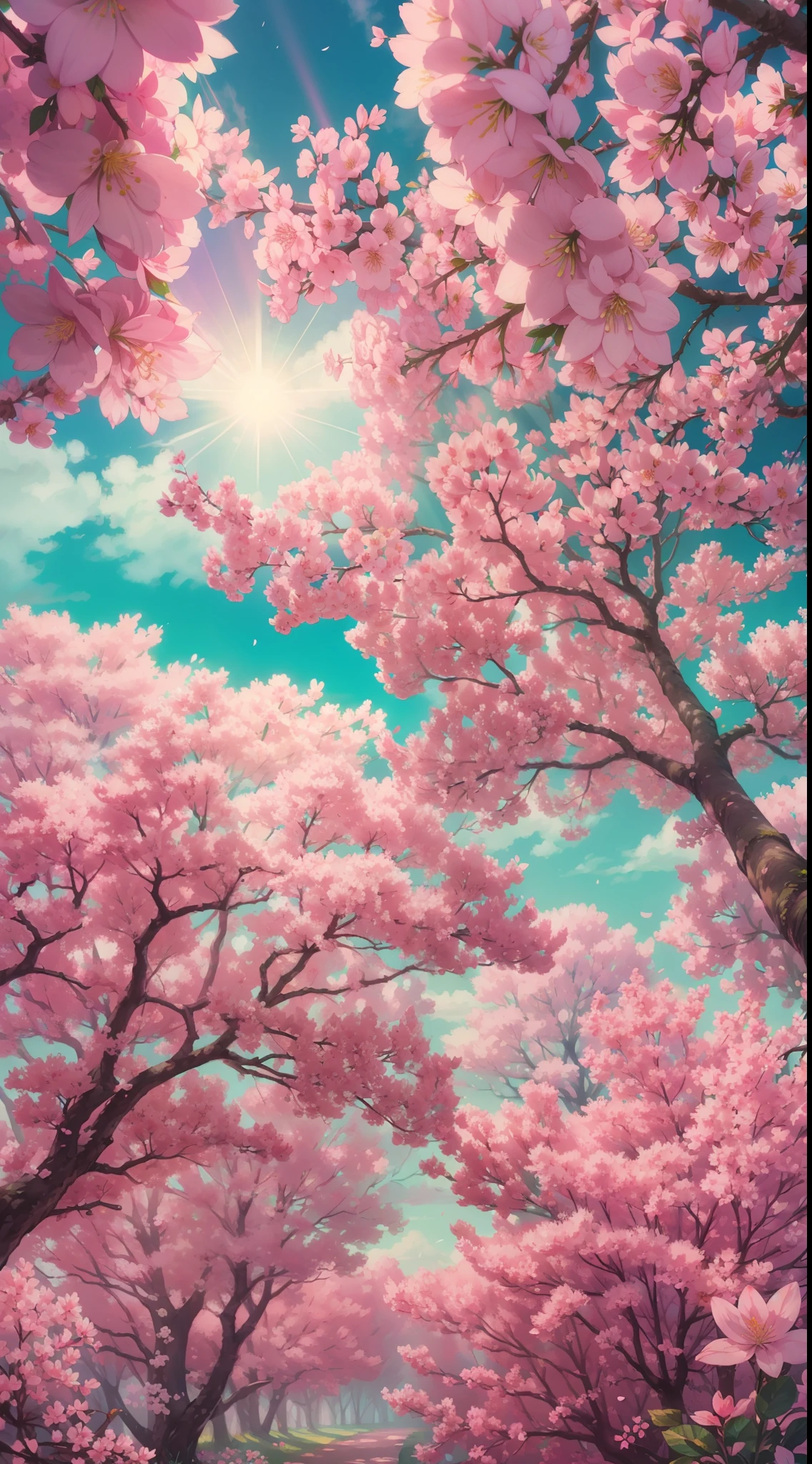 Lots of pink trees, large skies, white clouds , petals , blossoms, aesthetic serene bliss, diffused light, god rays, chromatic aberration, caustics, Bokeh, Depth of Field, HDR, bloom