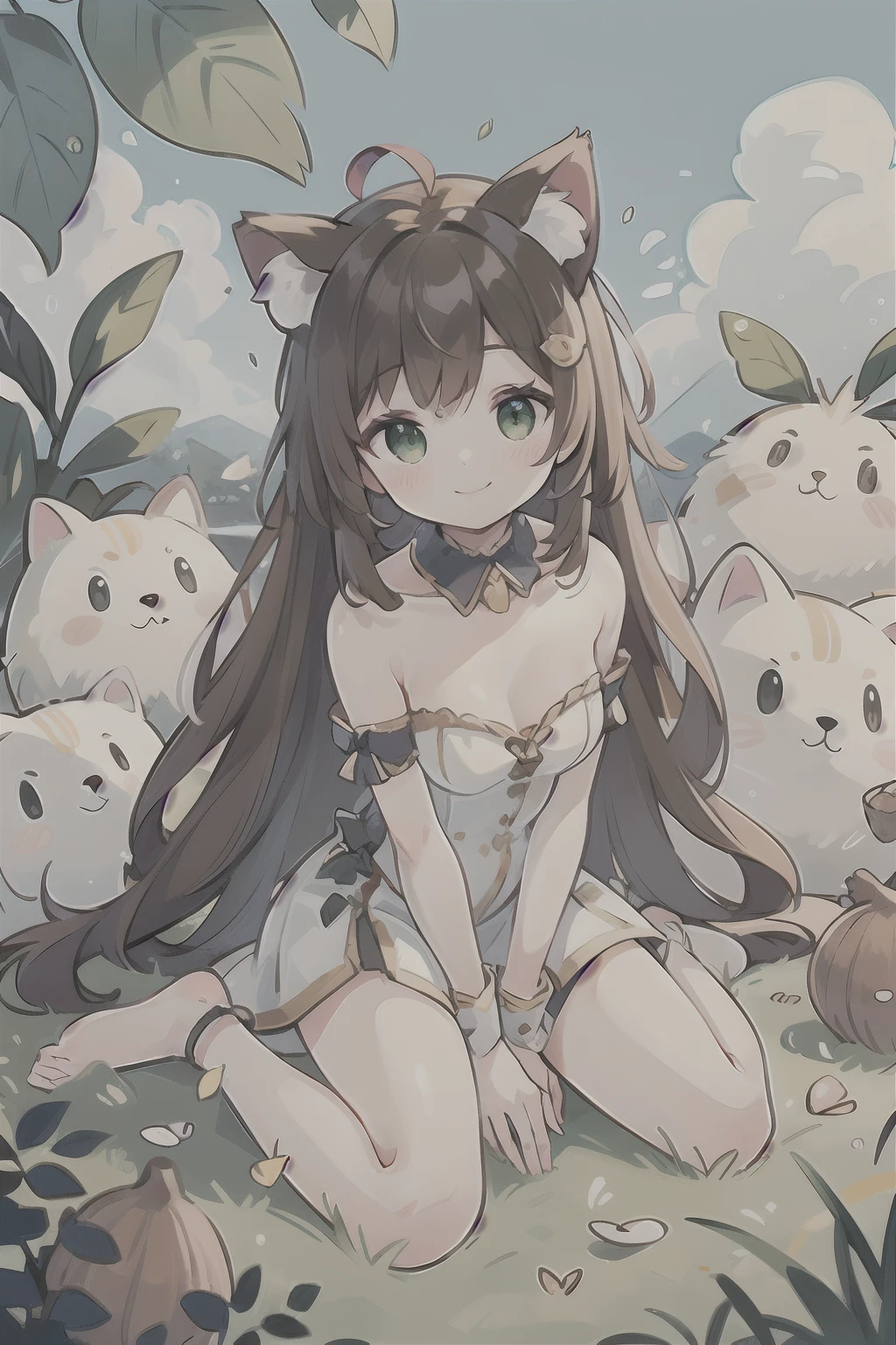 (masterpiece), best quality, beautiful detailed hair detailed face, ultra high res, sharp focus, ((1 woman, solo)), perfect feminine face, very stunning woman, (dressless:1.3), full body, sitting on the leaf, looking at the viewer, smiles, chesnut brown hair, flowing messy long hair, cat ears, ((beautiful almond shape, green eyes))