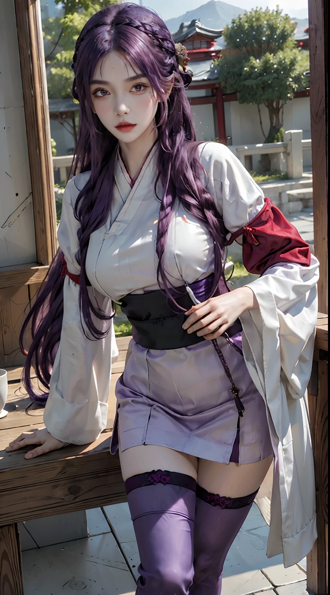 photorealistic, high resolution, 1women, solo, hips up, look at viewer, (detailed face), (blunt bangs, braid, wide sleeves, hair ornament, japanese clothes, red obi, (purple hair:1.2), very long hair, straight hair,black thighhighs, smooth