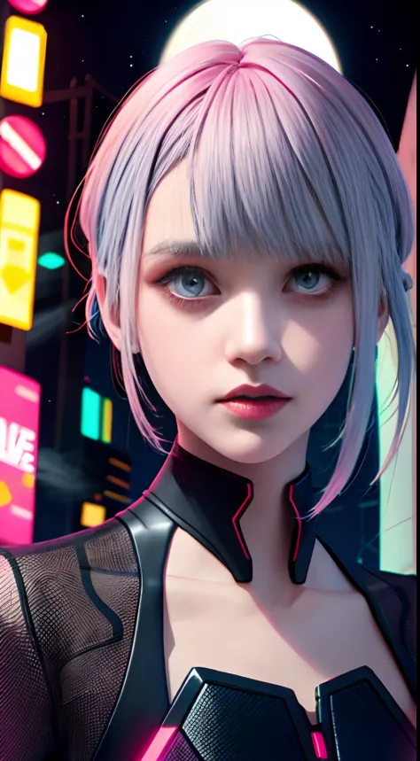 lucy \(cyberpunk\), 1girl,  hair scrunchie, hime cut, silver hair, colored tips, full moon, grey eyes, jacket, long sleeves, loo...