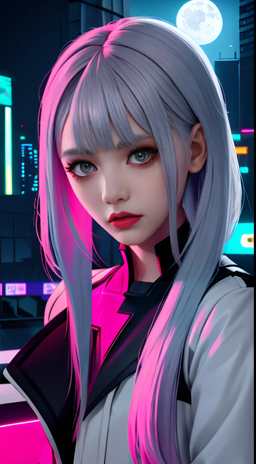 lucy \(cyberpunk\), 1girl,  hair scrunchie, hime cut, silver hair, colored tips, full moon, grey eyes, jacket, long sleeves, looking at viewer, medium hair, multicolored hair, parted bangs, parted lips, pink hair, portrait, red eyeliner, red lips, solo, white jacket, cyberpunk \(series\), rainy night in a cyberpunk city with glowing neon lights