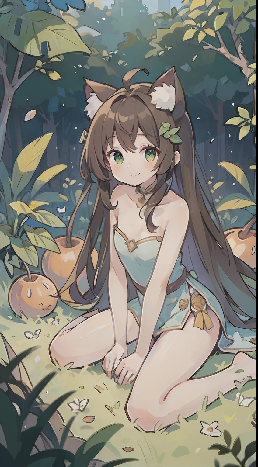 (masterpiece), best quality, beautiful detailed hair detailed face, ultra high res, sharp focus, ((1 woman, solo)), perfect feminine face, very stunning woman, (dressless:1.3), full body, sitting on the grass, leaf, forest, looking at the viewer, smiles, chesnut brown hair, flowing messy long hair, cat ears, ((beautiful almond shape, green eyes))