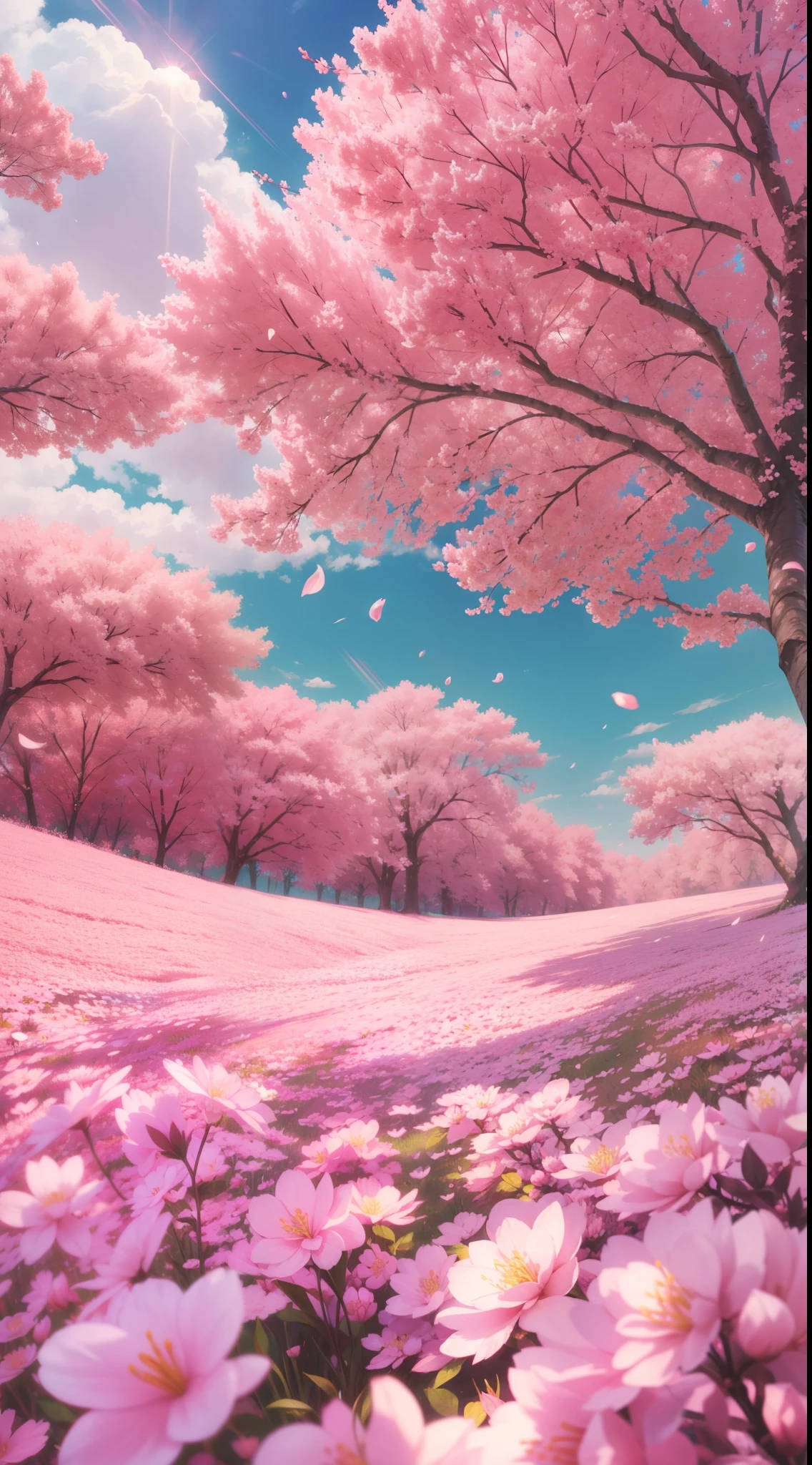 Lots of pink trees, large skies, white clouds , petals , blossoms, aesthetic serene bliss, diffused light, god rays, chromatic aberration, caustics