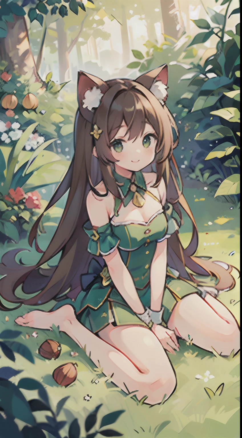 (masterpiece), best quality, beautiful detailed hair detailed face, ultra high res, sharp focus, ((1 woman, solo)), perfect feminine face, very stunning woman, (dressless:1.3), full body, dutch shot, sitting on the grass, leaf, forest, looking at the viewer, smiles, chesnut brown hair, flowing messy long hair, cat ears, ((beautiful almond shape eyes, green eyes))