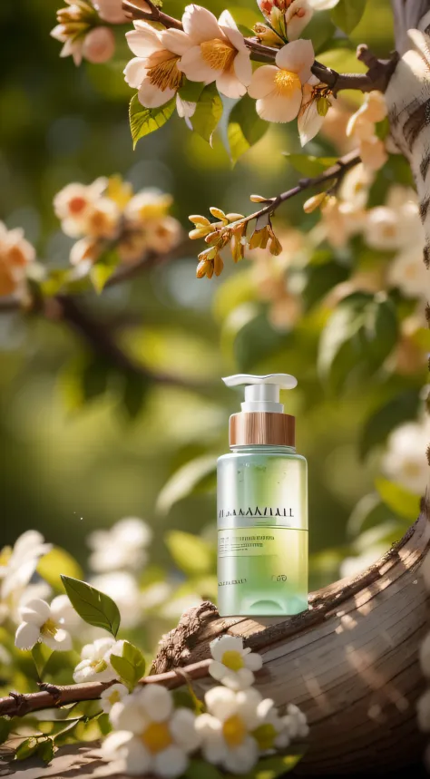 Commercial photography, a bottle of skin care products placed on a tree branch, sunny summer day, packaging shooting, Fine focus, depth of field, 120mm shooting, Hasselblad shooting, Deep sharp focus commercial photography
