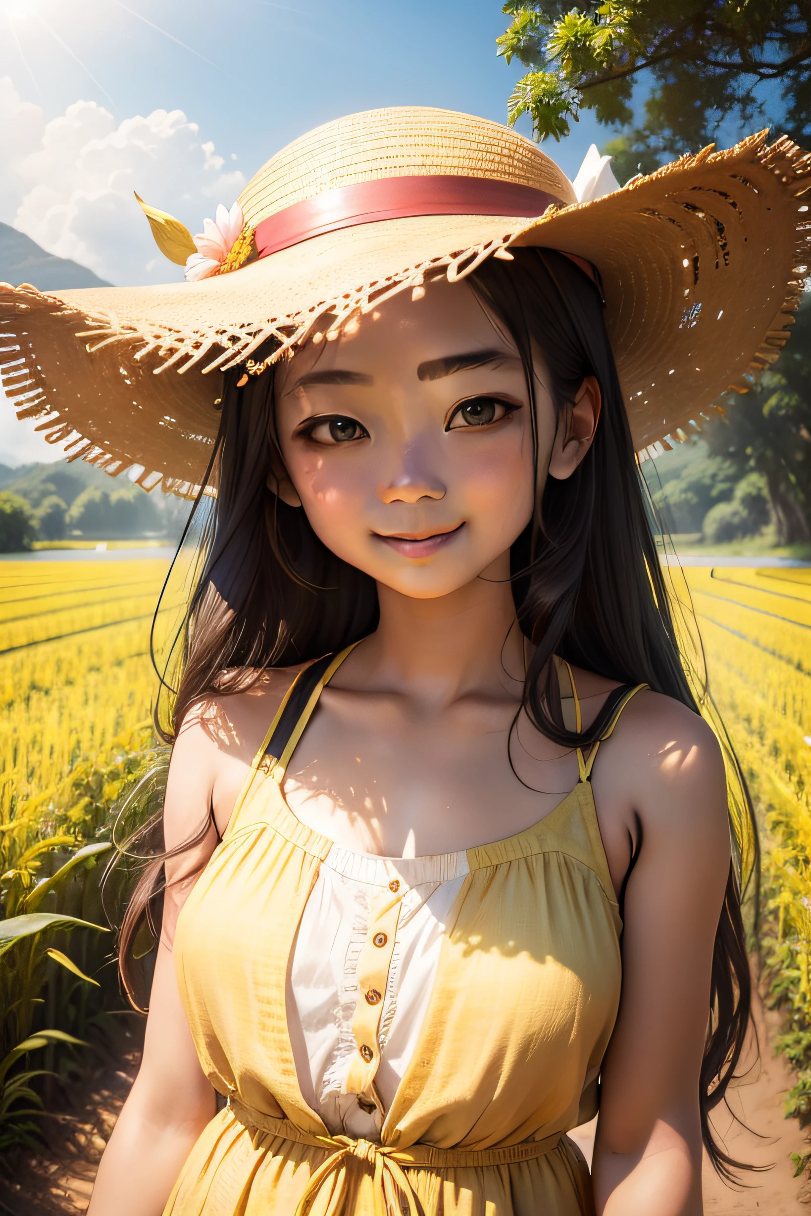 Femme asiatique alafide en robe jaune et chapeau de paille, Beautiful Fille asiatique, fermière japonaise, Oeuvre de style Guviz, chinoise, Young Fille asiatique, portrait d&#39;une adolescente japonaise, Belle fille anime tournesol, animé photoréaliste, anime fille thaïlandaise, beau visage de fille japonaise, Fille asiatique, fille frontale dans un champ de fleurs, avec un chapeau de paille