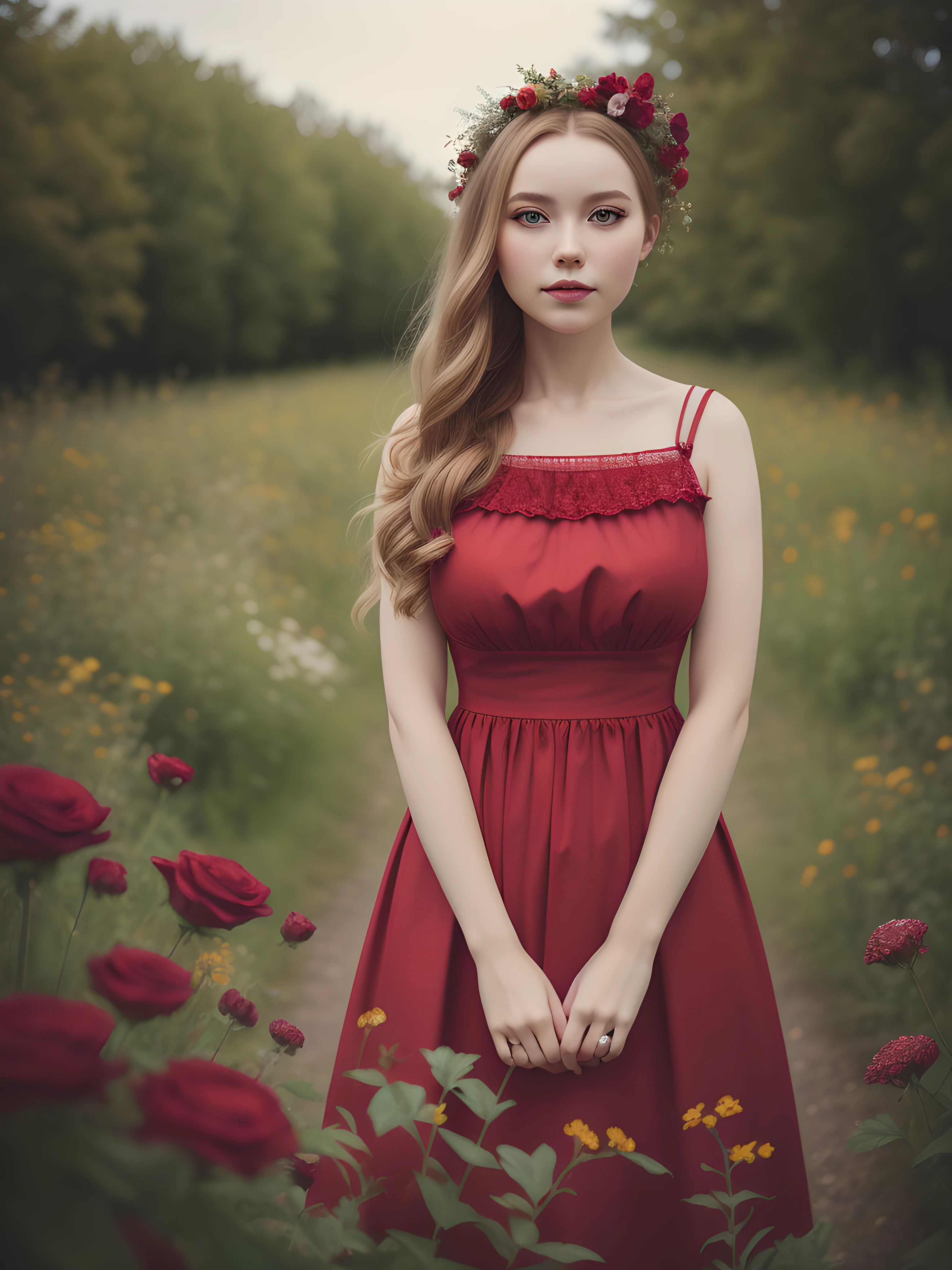 von oprisco, Meisterwerk, Porträt, skandinavisches Mädchen, rotes Retrokleid, Große Brüste, Über die Natur, Blumen, dunkle Vignettierung, 4k, hohe Qualität,