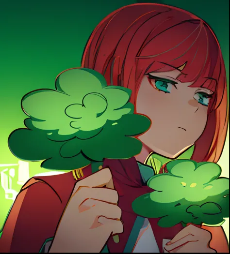 anime girl holding a green tree in front of her face, in an anime style, high quality fanart, flat anime style shading
