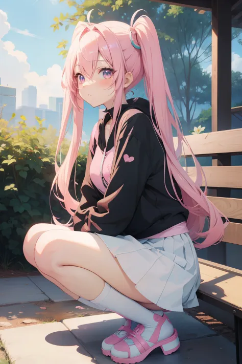 Anime girl with pink hair sitting on a bench with legs crossed, anime moe art style, made with anime painter studio, the anime g...