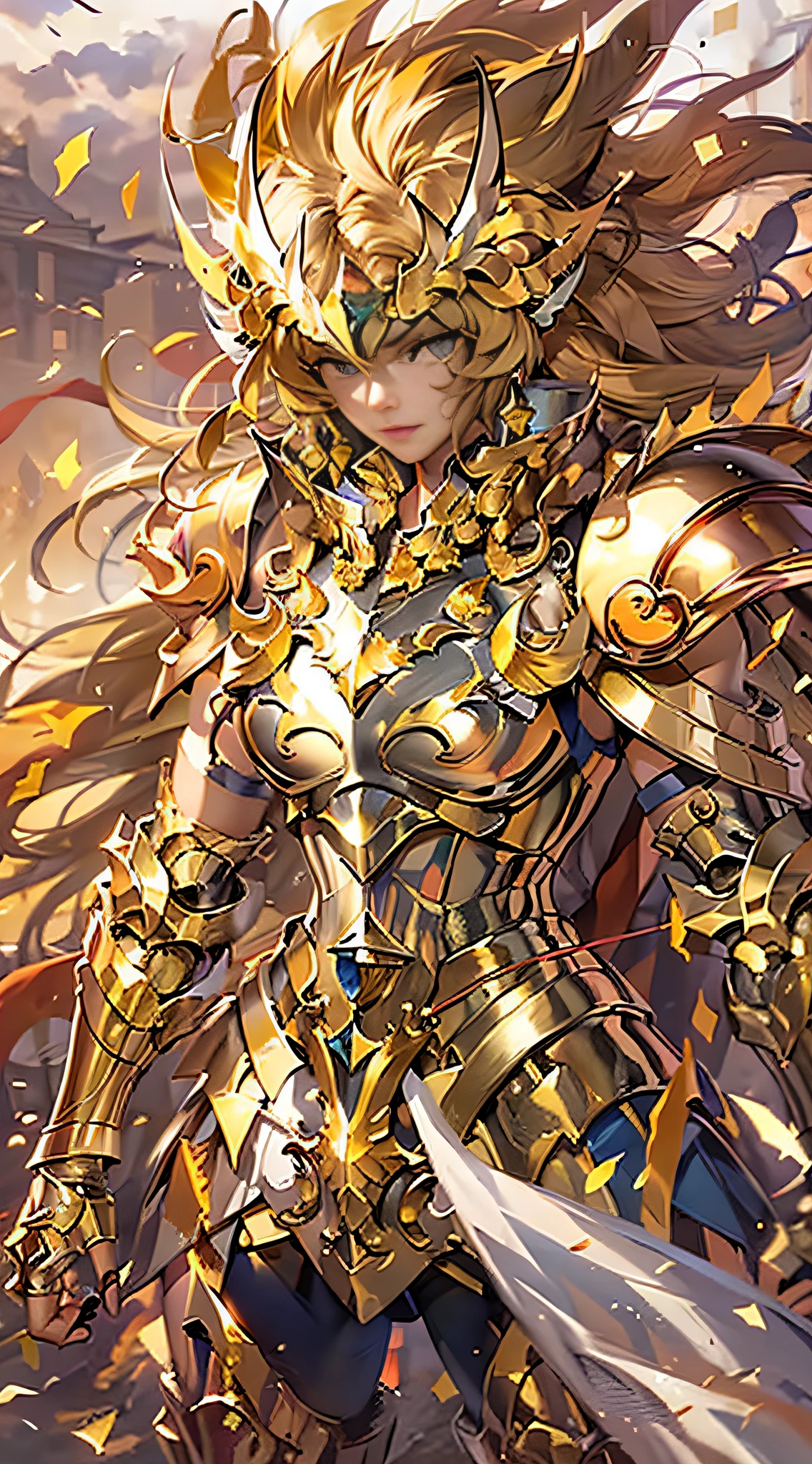 (Meisterwerk), (beste Qualität), (1 Mädchen), man in golden armor, coole pose, schlachtfeld hintergrund, Feuer-Hintergrund, Saint-Seiya-Rüstung, Zerzaustes Haar