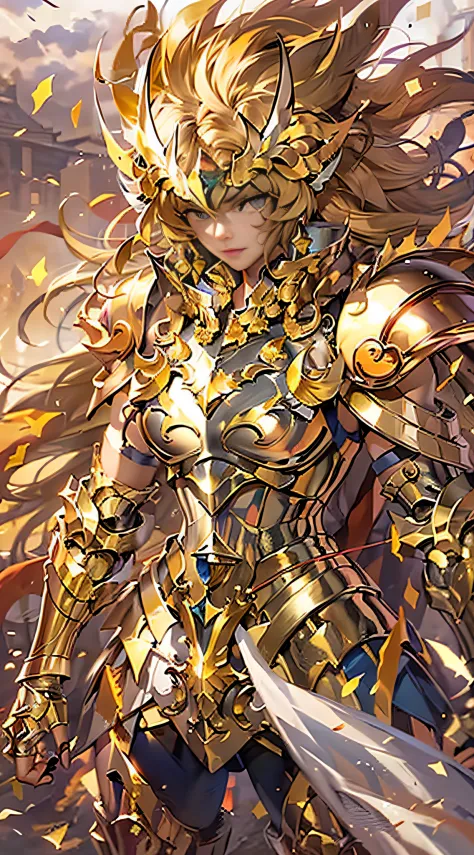 (masterpiece), (best quality), (1girl), man in golden armor, cool pose, battle field background, fire background, saint seiya armor, messy hair