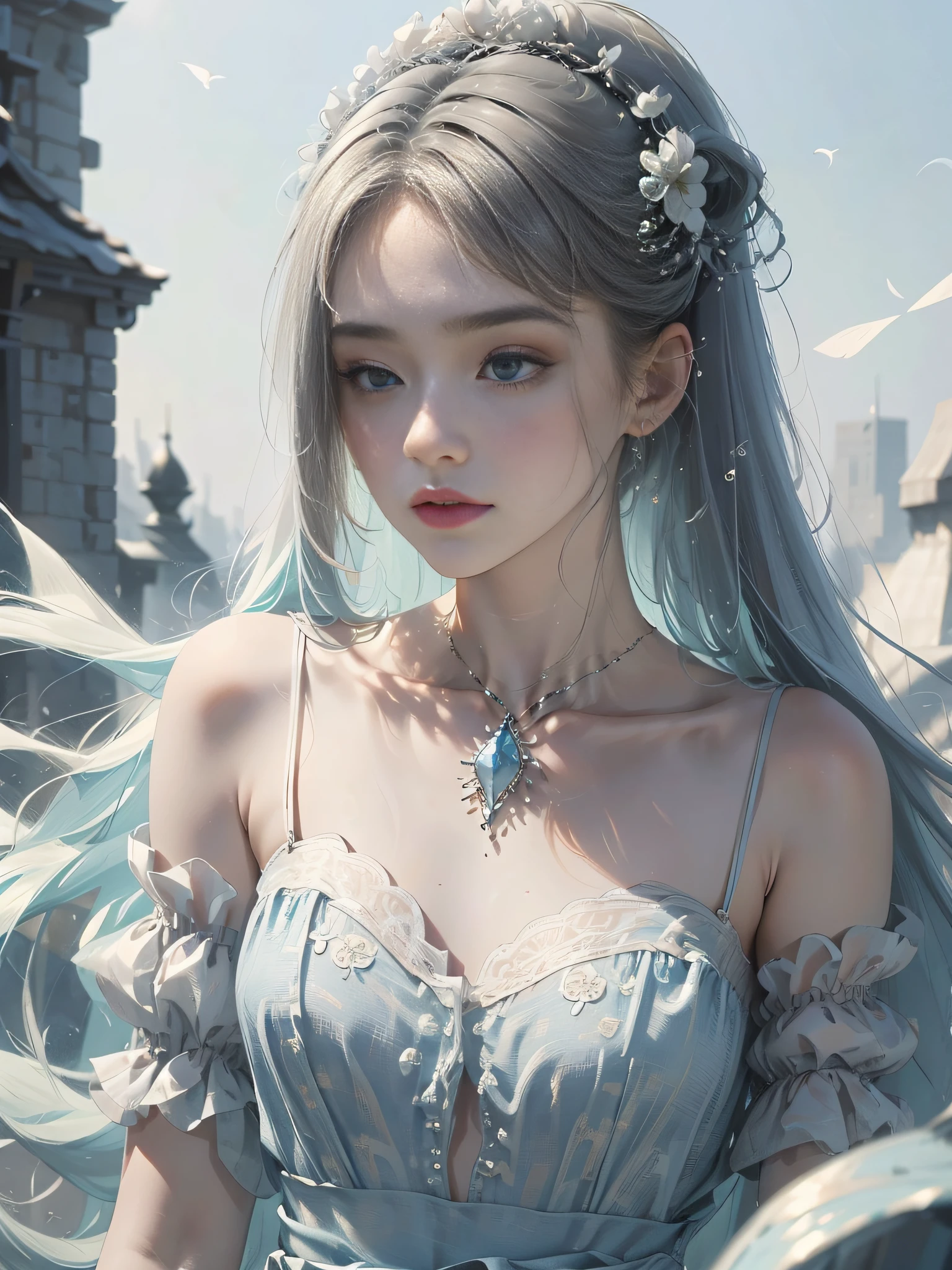 A cute and beautiful girl，lovely and delicate，Peerless beauty，Delicate hair accessories，pitying，（messy  hair），lacy clothing，Supple skin，Fashionab，A delicate painting，Clover hairpins，Blue，Ultra-high image quality，8K，depth of fieldacro lens），Ambient lighting，high light，Upper body animation style,Comics,High quality above the waist