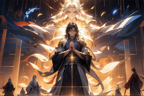 Chinese mythology，Chinese long-haired little Taoist，（Wide robe），（the space），（He stood in front of a huge transparent projection。，Golden light。。。。。。。。。。。：1.4），（cleanness：1.4），Random color，Stretch your hands，swords drawn，The background is the sky of an ancie...