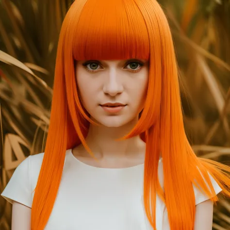 arafed woman with orange hair and a white dress standing, orange hair, bright orange hair, bob cut orange hair, bob cut orange h...