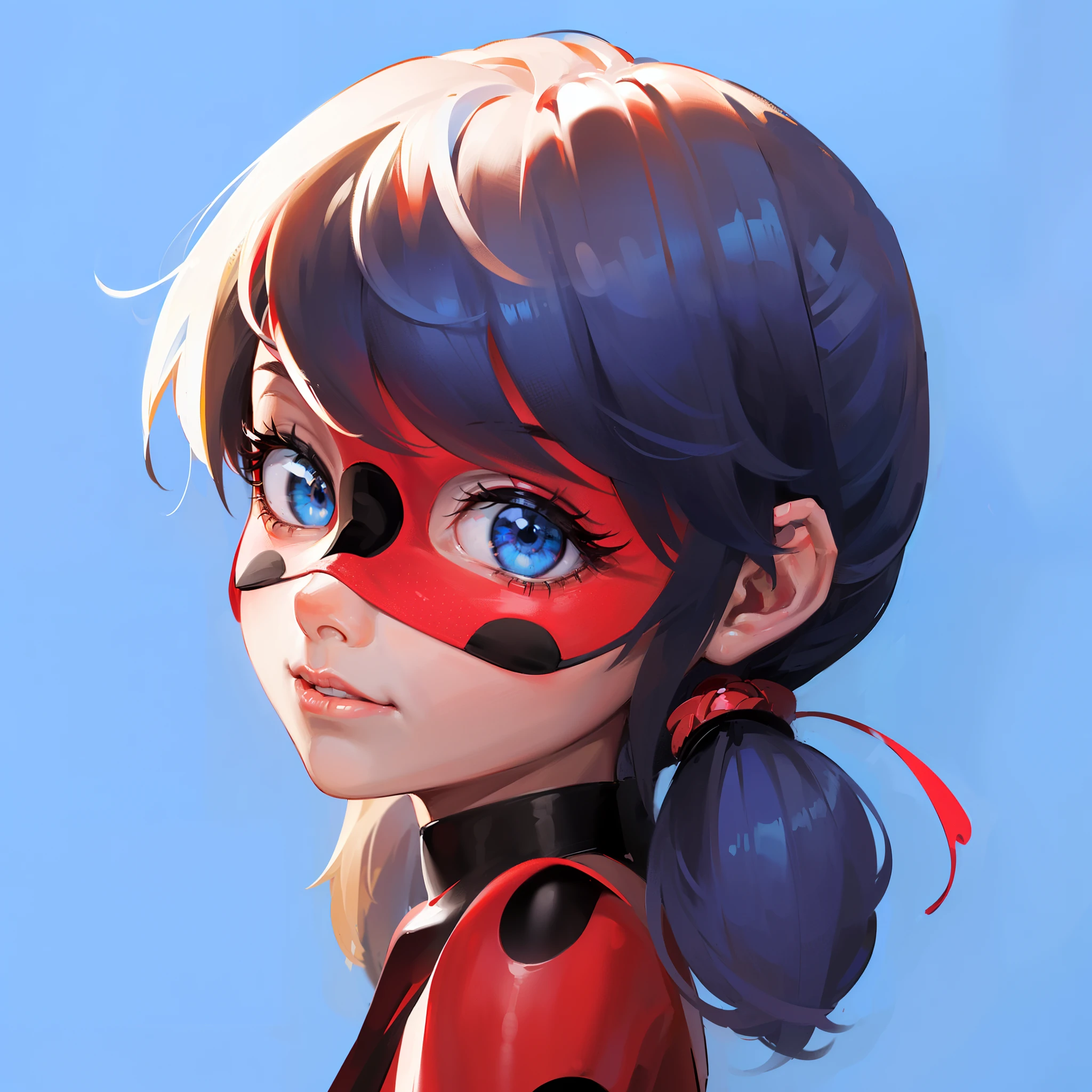 (최고의 품질, 슈퍼 디테일, 생생한 색상, 풍부한 색상,Marinette라는 소녀 1명，자세가 아름답다, (빨간색 배경 검은색 원 스팟 아이 마스크), (빨간색 배경 라운드 검은 점 꽉), 귀여운 소녀, 그녀는 카메라를 보고 있다,파란 머리 더블 말꼬리,(파란 눈 같은 보석: 1.3), 인기 있는,8K，HD