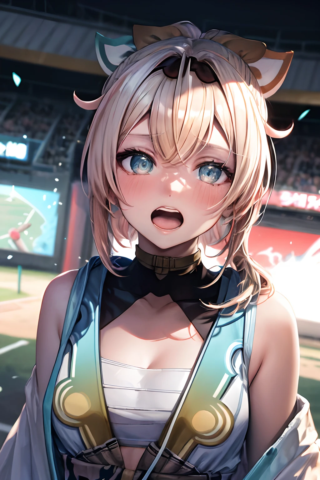 upper body, 1girl, (ninja), large breats, blush, bare shoulders, scarf, wallpaper, light particles, (anime, tone mapped:1.2), open mouth, looking at viewer, shirt, baseball ground, (symmetric), (exceptional, best aesthetic, new, newest, extremely detailed:1.2), best quality, masterpiece