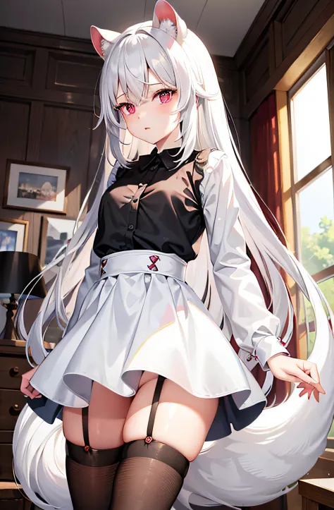 (masterpiece), best quality, expressive eyes, perfect face, 4k, highly detailed, high resolution, 1girl, white hair, long straight hair, bear ears, cute hairpins, cute face, red and pink eyes, (short miniskirt), (black color miniskirt), (white shirt), (whi...
