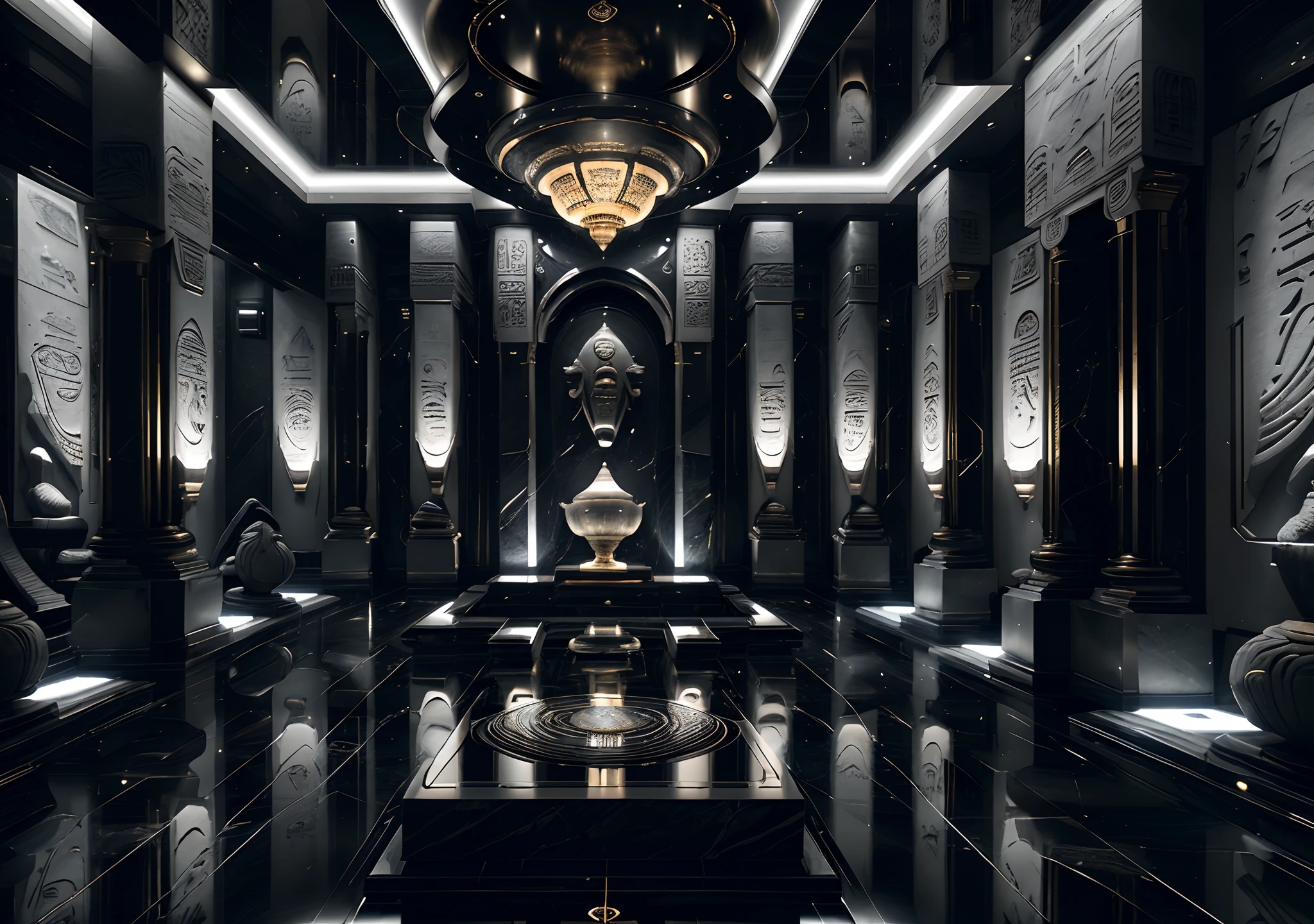 incredible white black blue luxurious futuristic interior in Ancient Egyptian style with lotus flowers, palm trees, hieroglyphics, rocky walls, sand, marble, precious minerals, metals, gemstones, crystals, clouds and water, crocodiles, ultra luxury, black marble – with beautiful lights, Unreal Engine, HQ, 16k