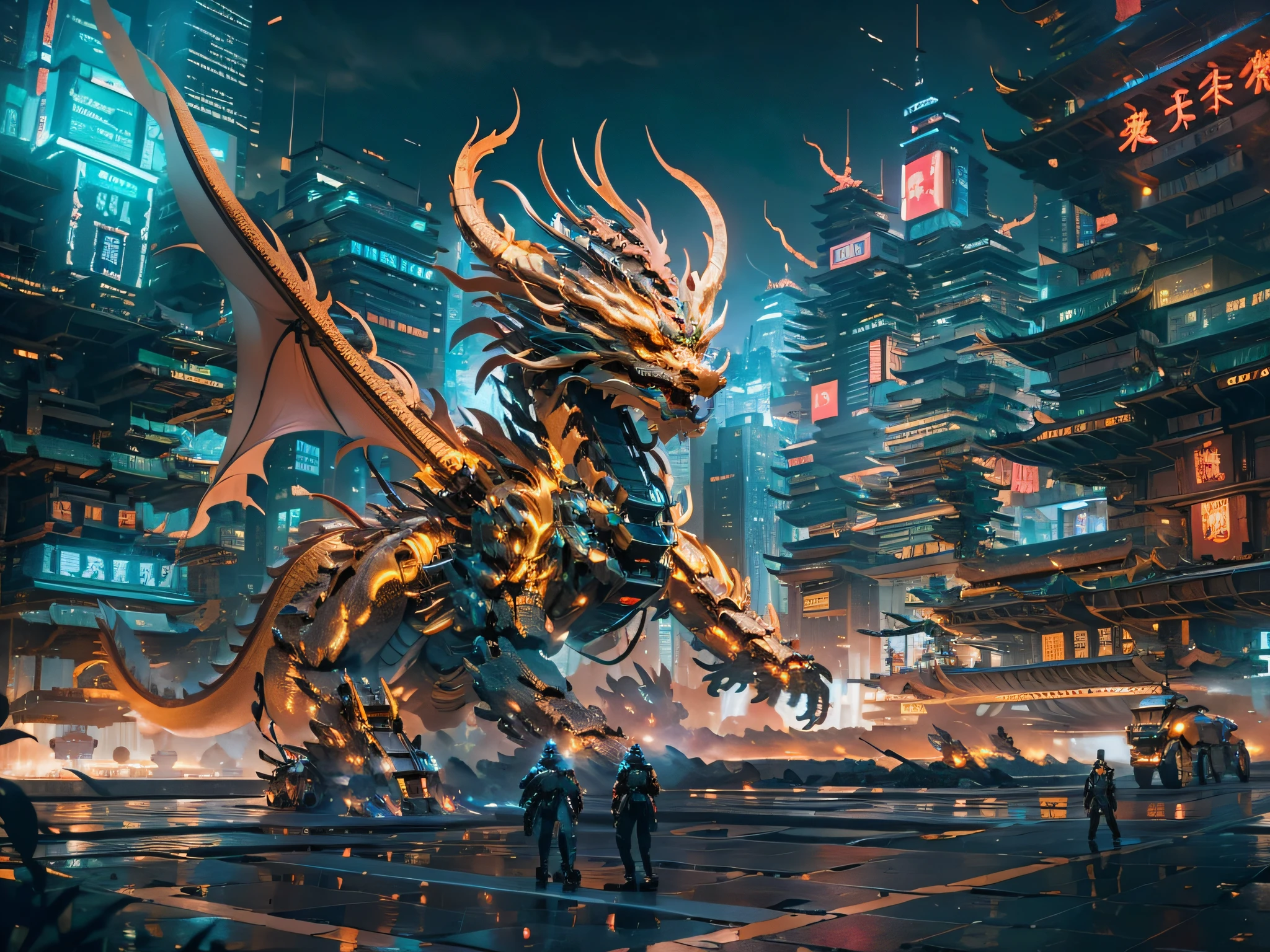 Le dragon méca，Dragon chinois Mecha，Un background technologique qui anticipe l&#39;avenir，Dominateur，plusieurs sources d&#39;éclairage，structures complexes，Fond de cyber-ville，bâtiments，la nuit，avec une lumière brillante，（（chef-d&#39;œuvre，meilleure qualité）），illustration，8K ultra détaillé，concentration claire，un très détaillé，Éclairage professionnel，Coloré et détaillé，