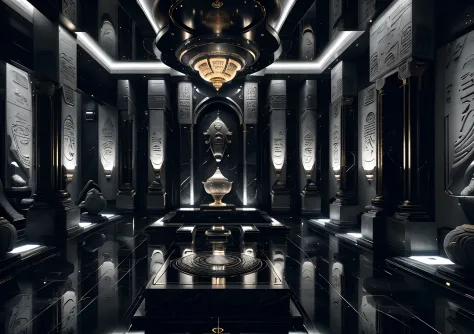 incredible white black blue luxurious futuristic interior in Ancient Egyptian style with lotus flowers, palm trees, hieroglyphic...