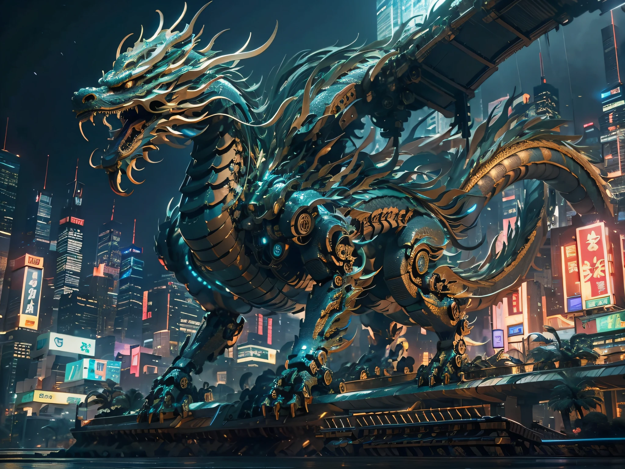 Le dragon méca，Dragon chinois Mecha，Un background technologique qui anticipe l&#39;avenir，Dominateur，plusieurs sources d&#39;éclairage，structures complexes，Fond de cyber-ville，bâtiments，la nuit，avec une lumière brillante，（（chef-d&#39;œuvre，meilleure qualité）），illustration，8K ultra détaillé，concentration claire，un très détaillé，Éclairage professionnel，Coloré et détaillé，