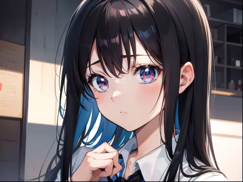 anime girl with long black hair and blue eyes in a school uniform, very ...