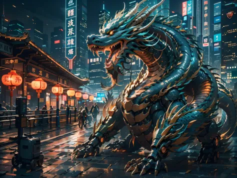 A mecha dragon，Mecha Chinese dragon，A technology background that is ahead of the future，Domineering，multiple lighting sources，Complex structures，Cyber city background，Buildings，the night，with light glowing，（（tmasterpiece，best qualtiy）），illustration，Ultra-d...