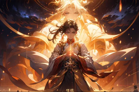 Chinese mythology，Chinese long-haired little Taoist，（Wide robe），（the space），（He stood in front of a huge transparent projection。。，Golden light。。。。。。。。。。。：1.4），（cleanness：1.4），Brown，Stretch your hands，swords drawn，The background is the sky of an ancient Chi...