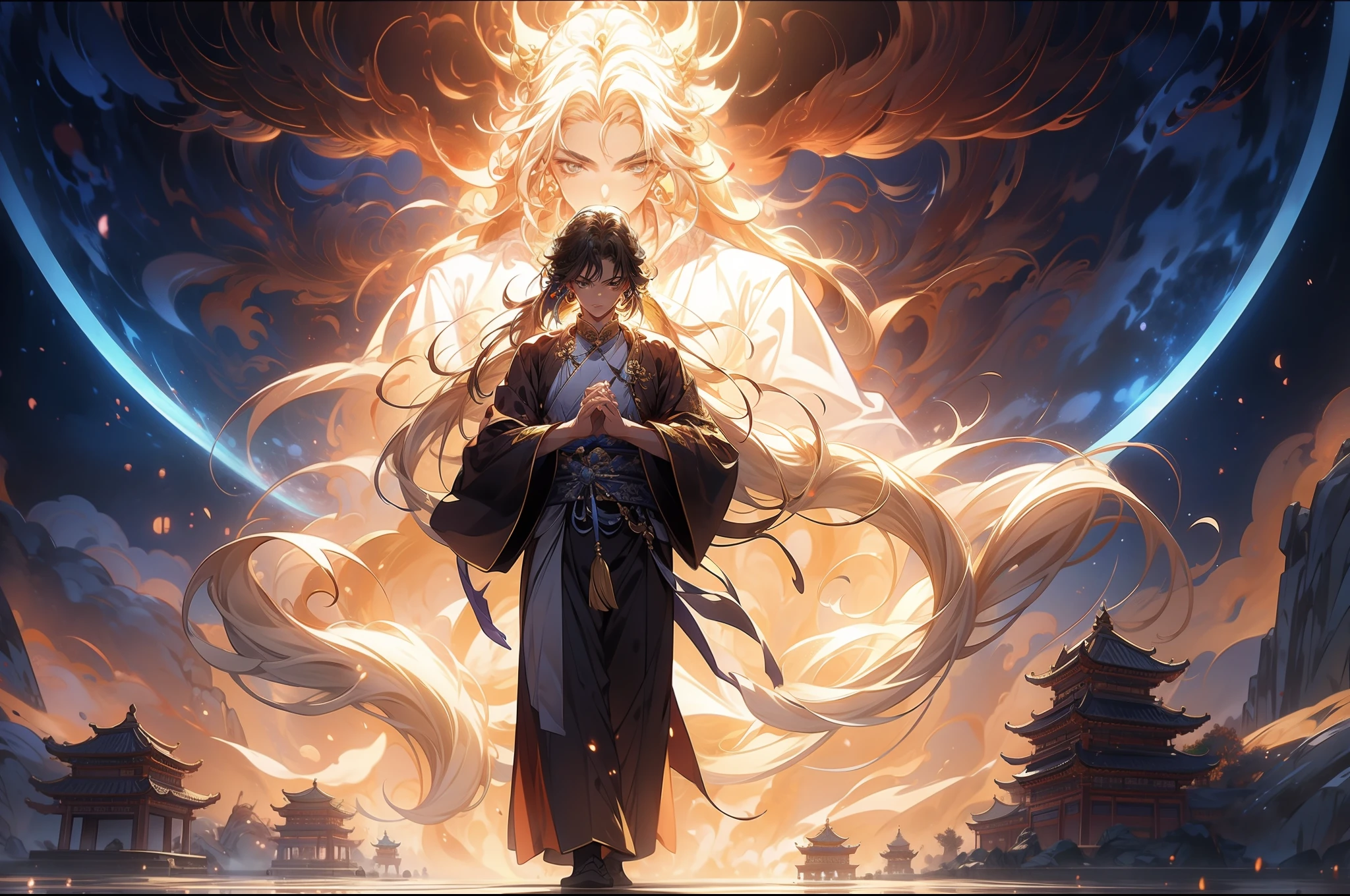 Chinese mythology，Chinese long-haired little Taoist，（Wide robe），（the space），（He stood in front of a huge transparent projection。。，Golden light。。。。。。。。。。。：1.4），（cleanness：1.4），Brown，Stretch your hands，swords drawn，The background is the sky of an ancient Chinese city。 Infinite Sword System，Tyndall effect，Glow effects，Anime art style，Romantic graffiti，Meticulous，Realism is popular， New Fauvist style，Knolling，8K，tmasterpiece，super-fine，best qualtiy，8K，tmasterpiece，Works of masters，Detailed pubic hair，Accurate，Epic shooting，（Look up：1.5）