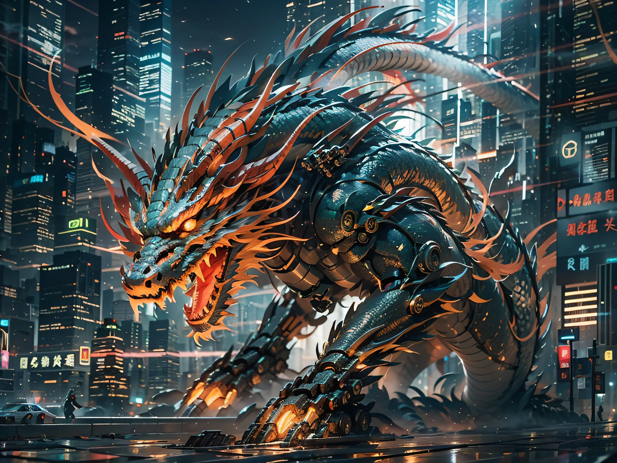 O dragão mecha，Dragão Chinês Mecha，Uma experiência tecnológica que está à frente do futuro，Dominador，múltiplas fontes de iluminação，estruturas complexas，Fundo da cidade cibernética，edifícios，a noite，com luz brilhando，（（obra-prima，melhor qualidade）），ilustração，8K ultra-detalhado，foco claro，Um altamente detalhado，Iluminação Profissional，Colorido Detalhado，