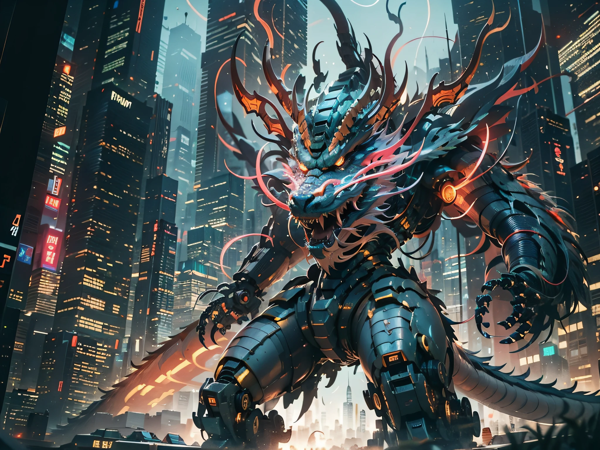 O dragão mecha，Dragão Chinês Mecha，Uma experiência tecnológica que está à frente do futuro，Dominador，múltiplas fontes de iluminação，estruturas complexas，Fundo da cidade cibernética，edifícios，a noite，com luz brilhando，（（obra-prima，melhor qualidade）），ilustração，8K ultra-detalhado，foco claro，Um altamente detalhado，Iluminação Profissional，Colorido Detalhado，