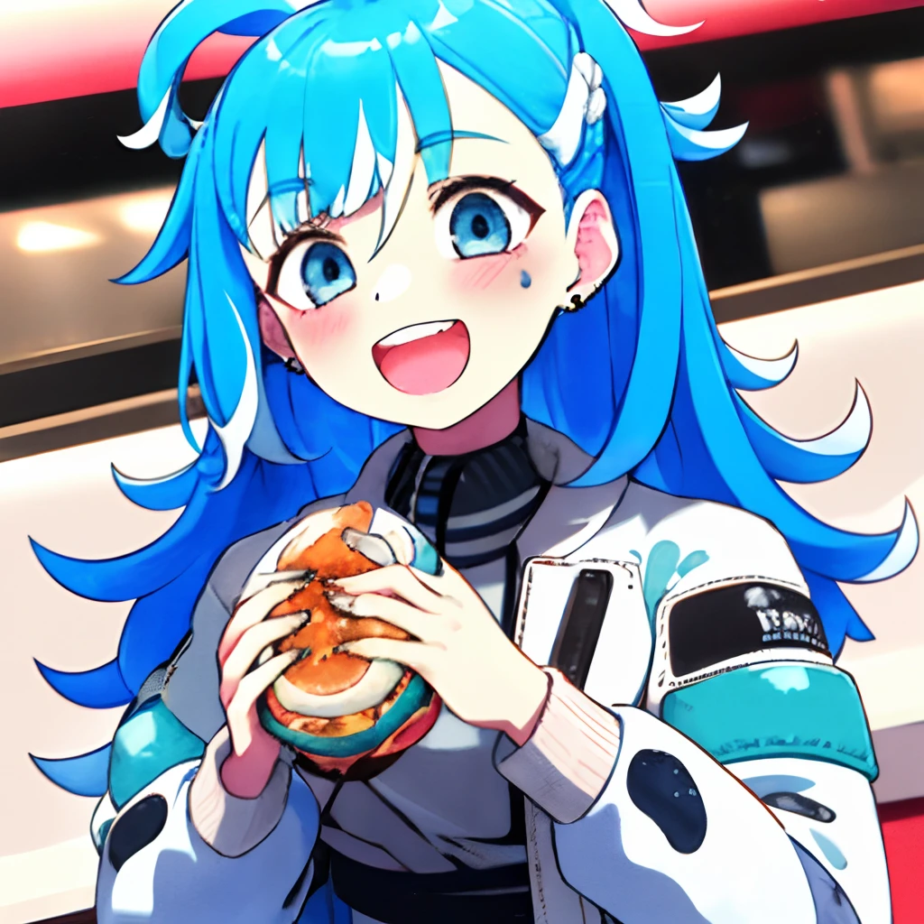 1girl, eating a hamburger, nom hamburger, blue hair, ((dirty face)), half bitten, restaurant, cheese, two hands, Kobo kanaeru, cute face, white jacket, smile, open mouth, aqua eyes, point earrings, multicolored hair