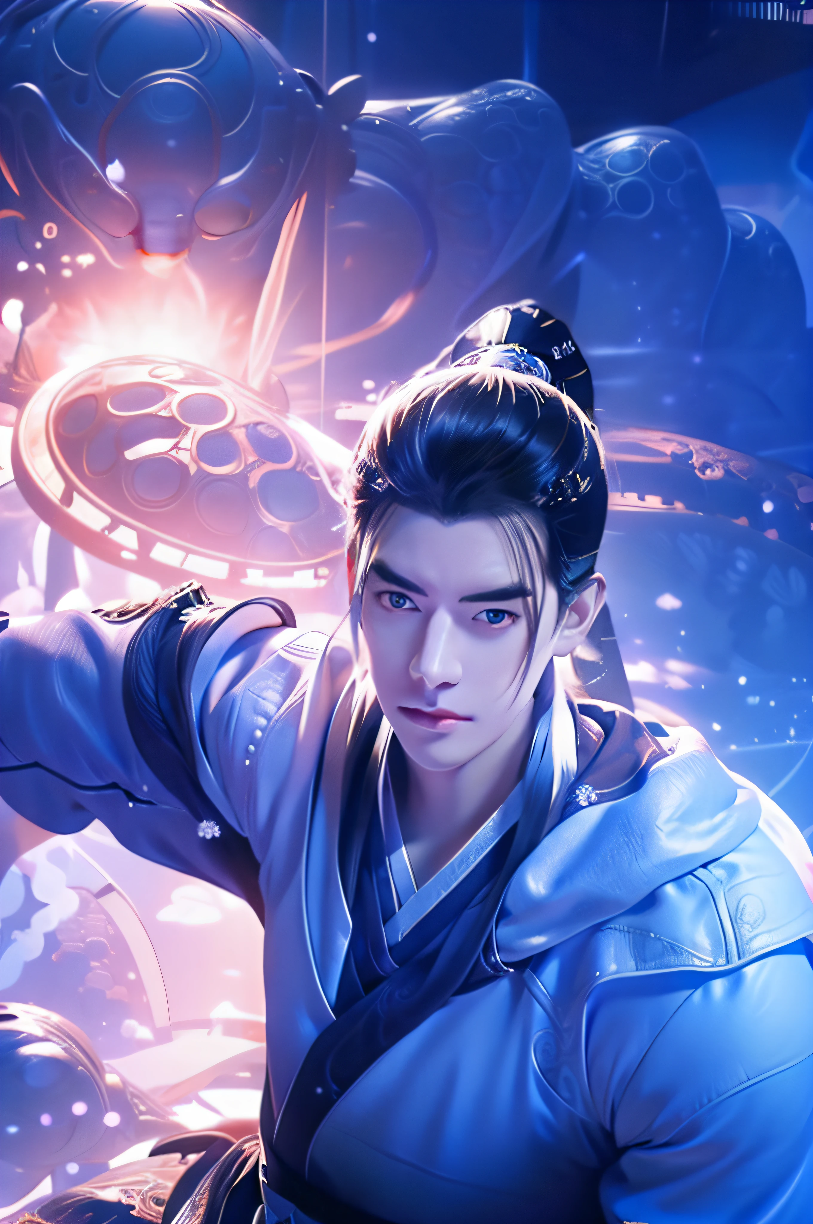 tmasterpiece， super detailing， Epic composition，China-style，hyper HD，high qulity， extremely detaile， offcial art， unified，8K ，Wallpapers， super detailing，Background snow，Oyuki，1 Men's martial arts，Fighting style，Swords，Spells，Beautiful