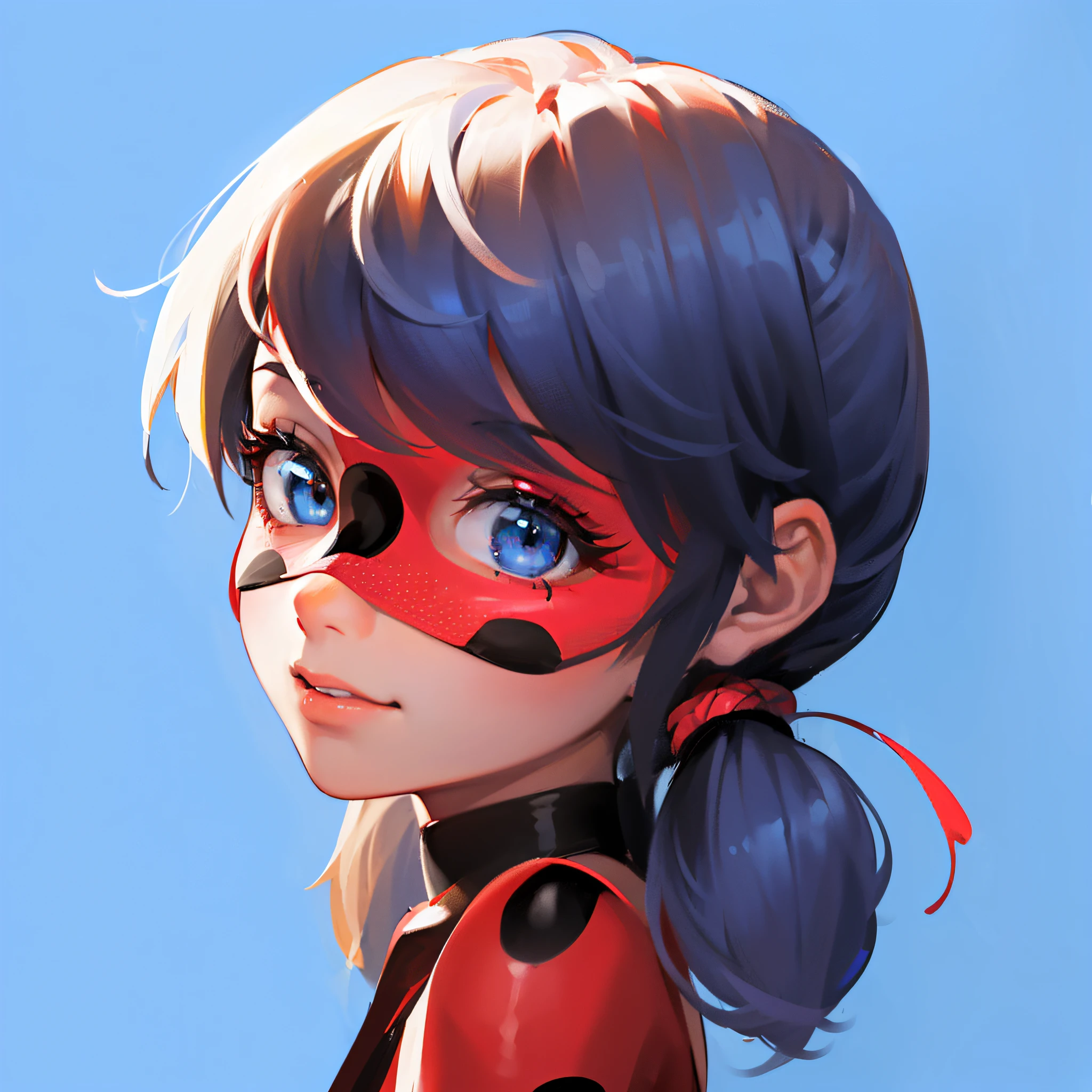 (Best Quality, Super Detail, Vivid Colors, Rich Colors,1 girl called marinette，Her posture is beautiful, (Red Background Black Circle Spot Eye Mask), (Red Background Round Black Dot Tight), Cute Girl, She's looking at the camera,Blue Hair Double Horsetail,(Gem like Blue Eyes: 1.3), Popular,8k，HD