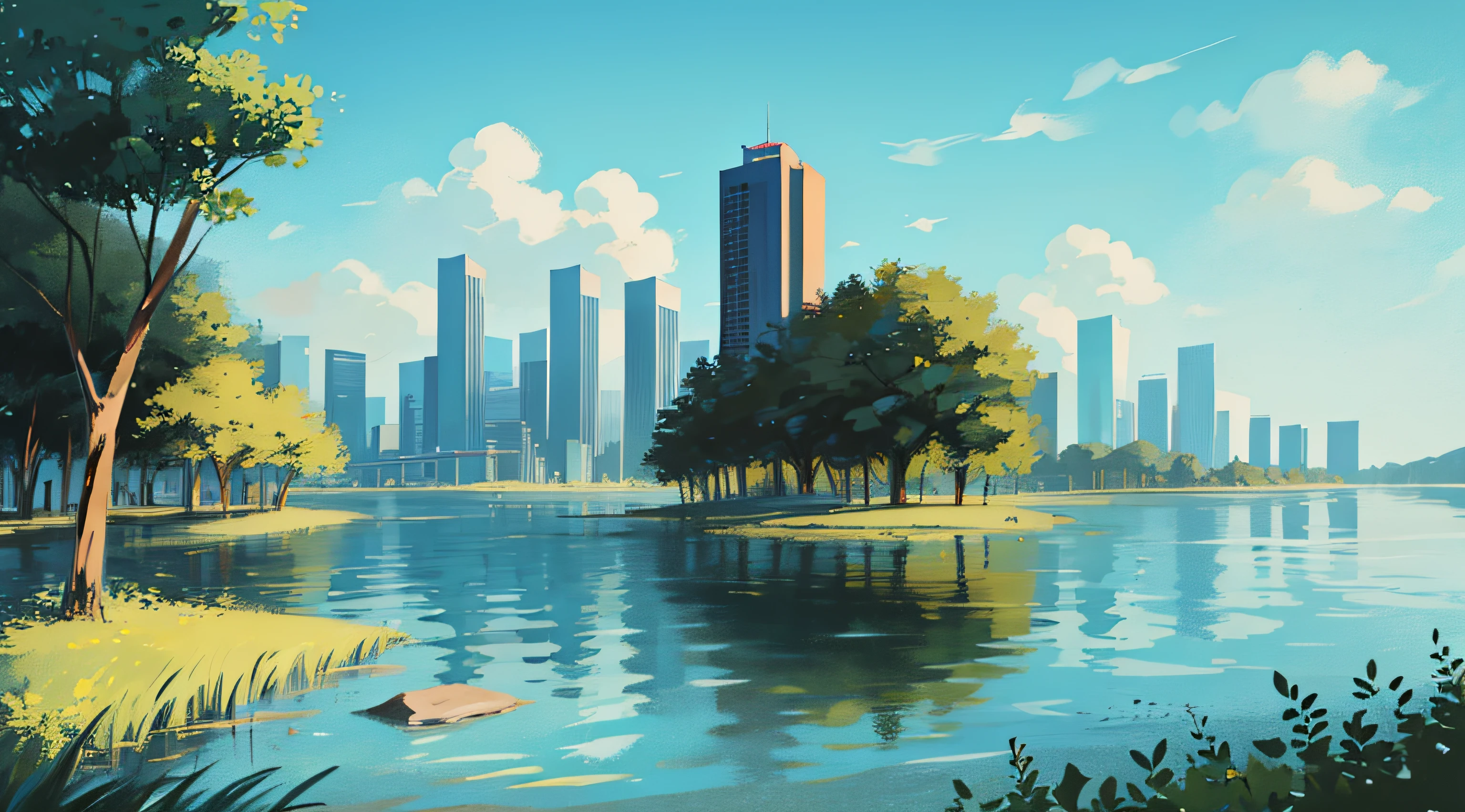 bord du lac，les bois，chopes，une plante，ciel bleu，Baiyun，Gratte-ciel au loin