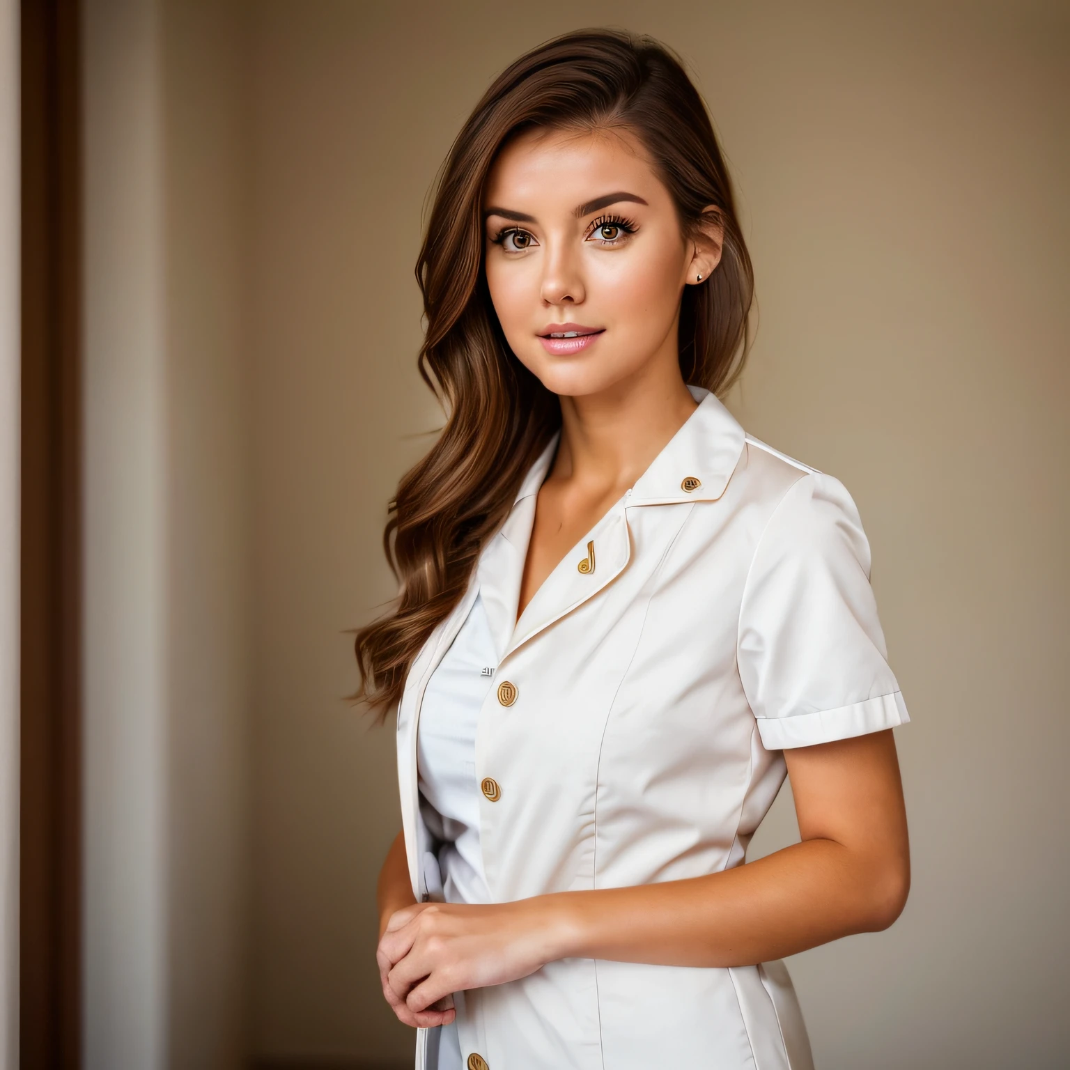 A portrait of nurse nicola cavanis, (solo) (1girl), face focus, instagram model, beautiful cute face, serious expression, realistic skin, wearing nurse outfit, short brown hair, hospital, ultra detailed, high resolution, masterpiece, best quality, detailed background