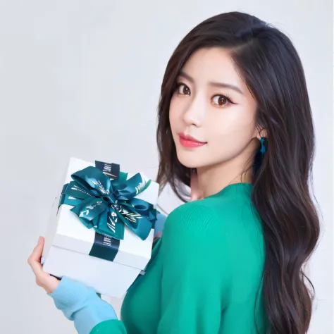 An Alatei woman in a green sweater holds a white gift box, tzuyu from twice, holding gift, tiffany, ji-min, cute korean actress,...