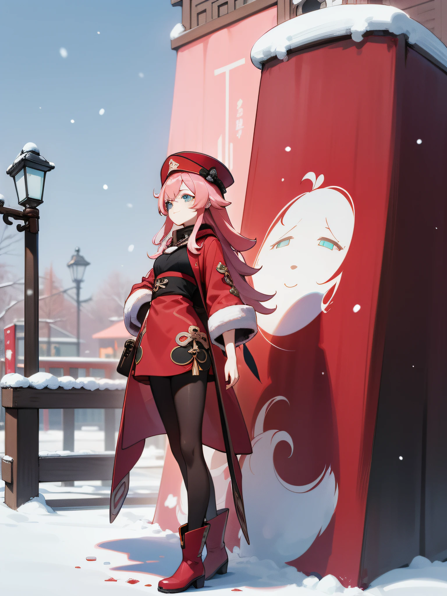 tmasterpiece, beste-Qualit, Ultra-detailed, 真实感, 1girl, Yan Fei, hairlong, red coat, low coat, coat below the knees, pale pink hair, hat, DAY TIME, stands, red footwear , red boots, s face, winter, snowing, Liyue Street, turquoise eyes, black tights