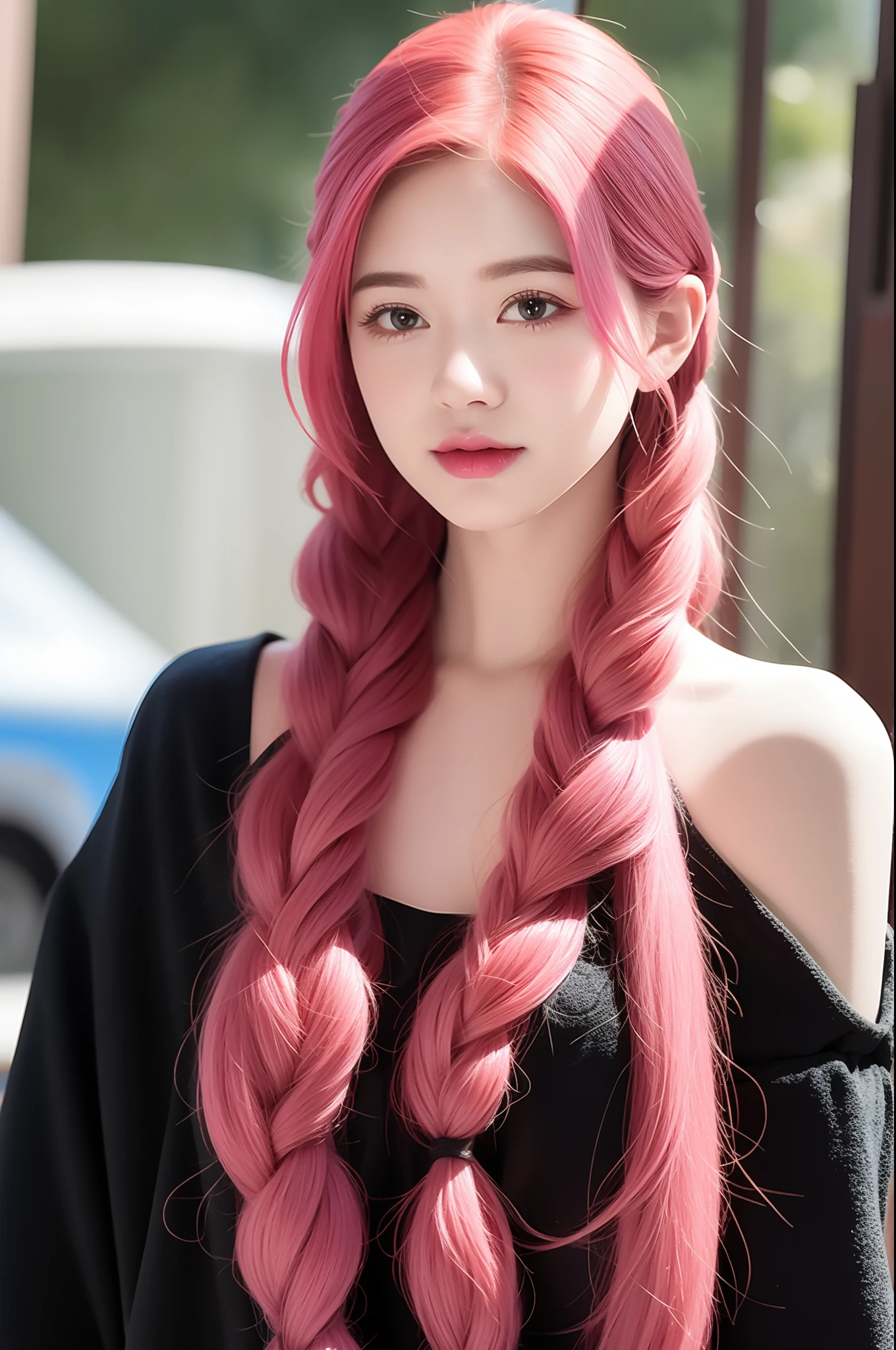 Girl with pink hair， looks into camera，high qulity