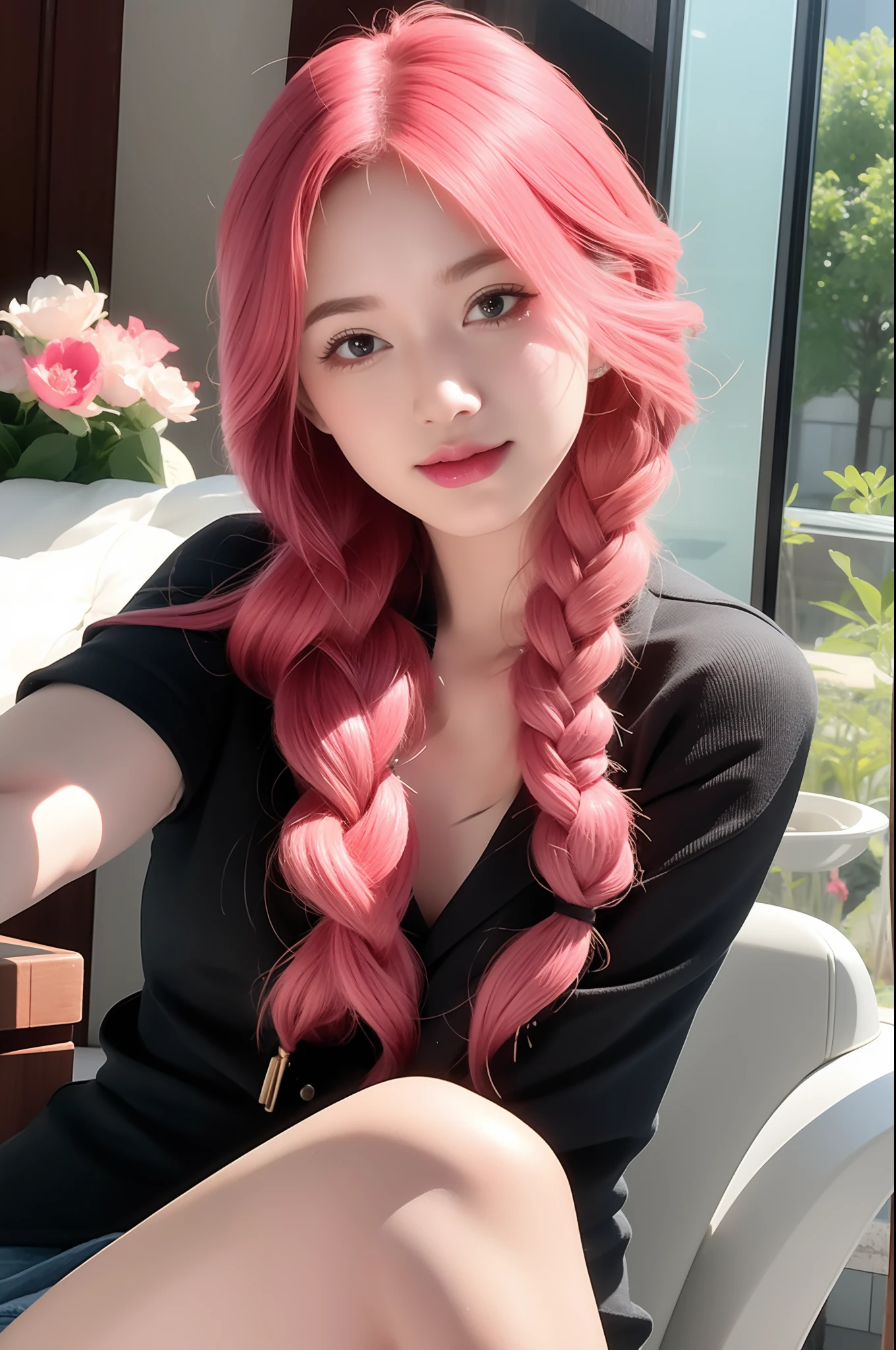 Girl with pink hair， looks into camera，high qulity