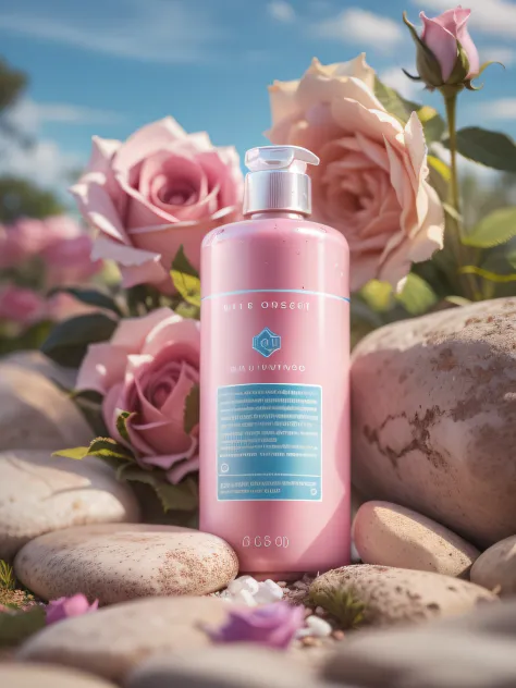 Body wash product Photography, Pink bottle, on stone, Natural light, blue sky, rose, Nikon Camera,8k 50 --s 2