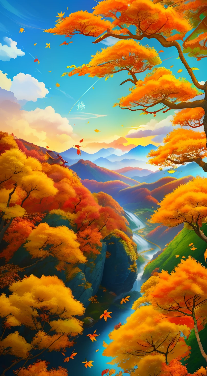 осенний，Китайский плакат с солнечными условиями，осенний，желтые листья，осенний отпуск，листва，Осенний пейзаж，Двадцать солнечных терминов，Традиционные китайские солнечные термины，осенний，tшедевр、8К ，Далекий вид，приятный осенний день，с голубым небом и белыми облаками，Альпийские ручьи